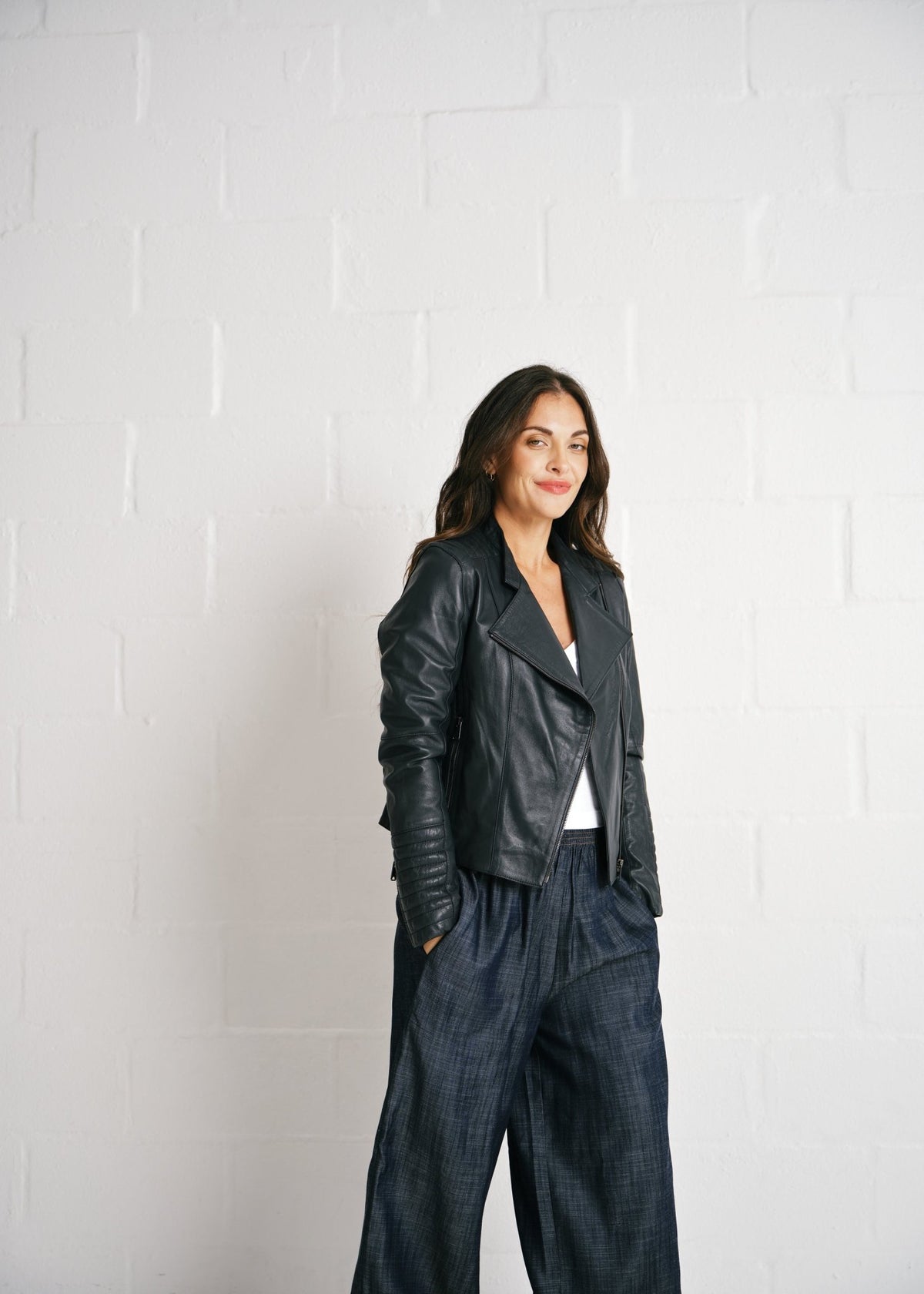 View our The Sidekick Genuine Lambskin Leather Biker Jacket in Deep Ink - by Tribute Store