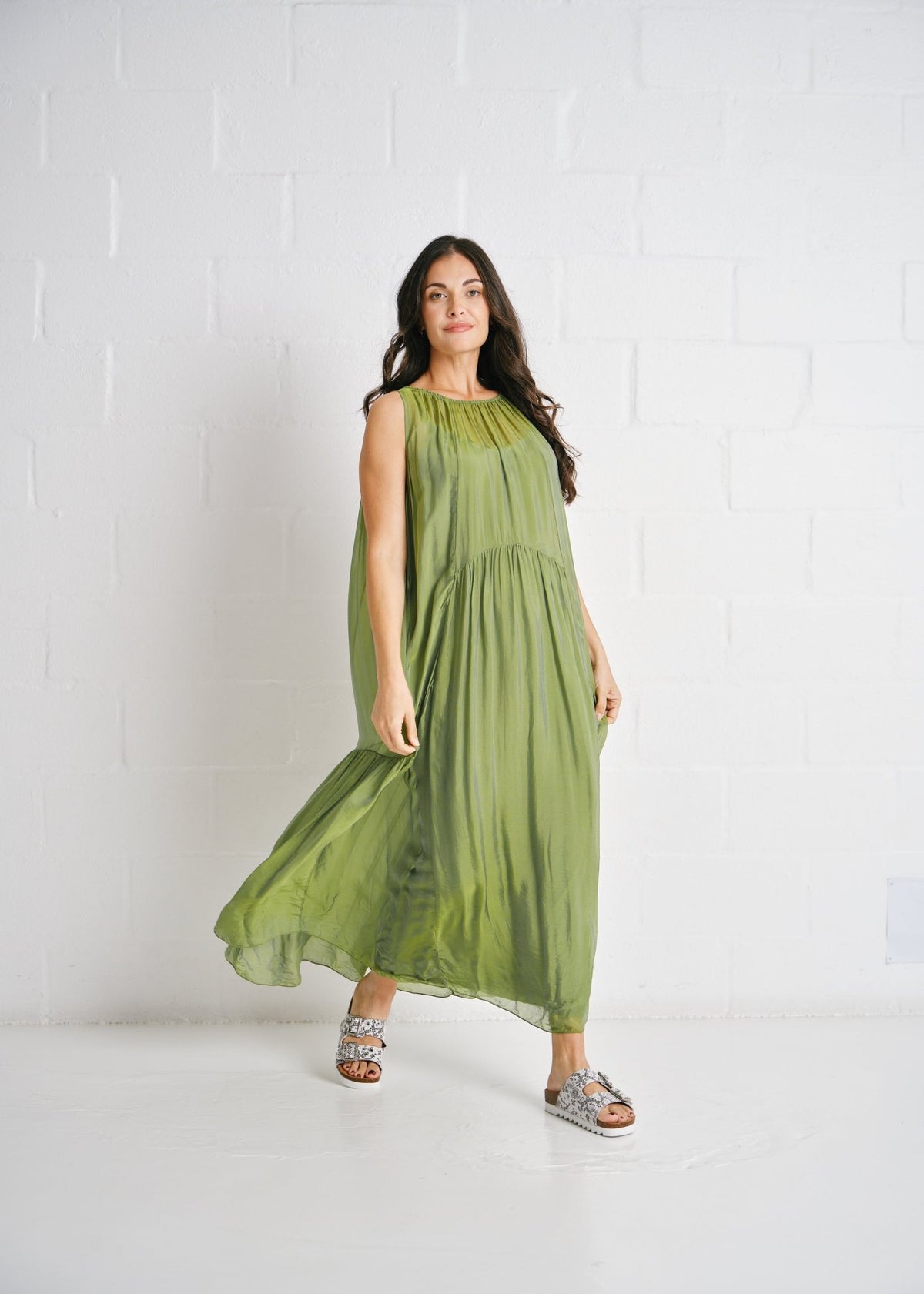 View our The Whisper Silk Tiered Maxi In Green - by Tribute Store
