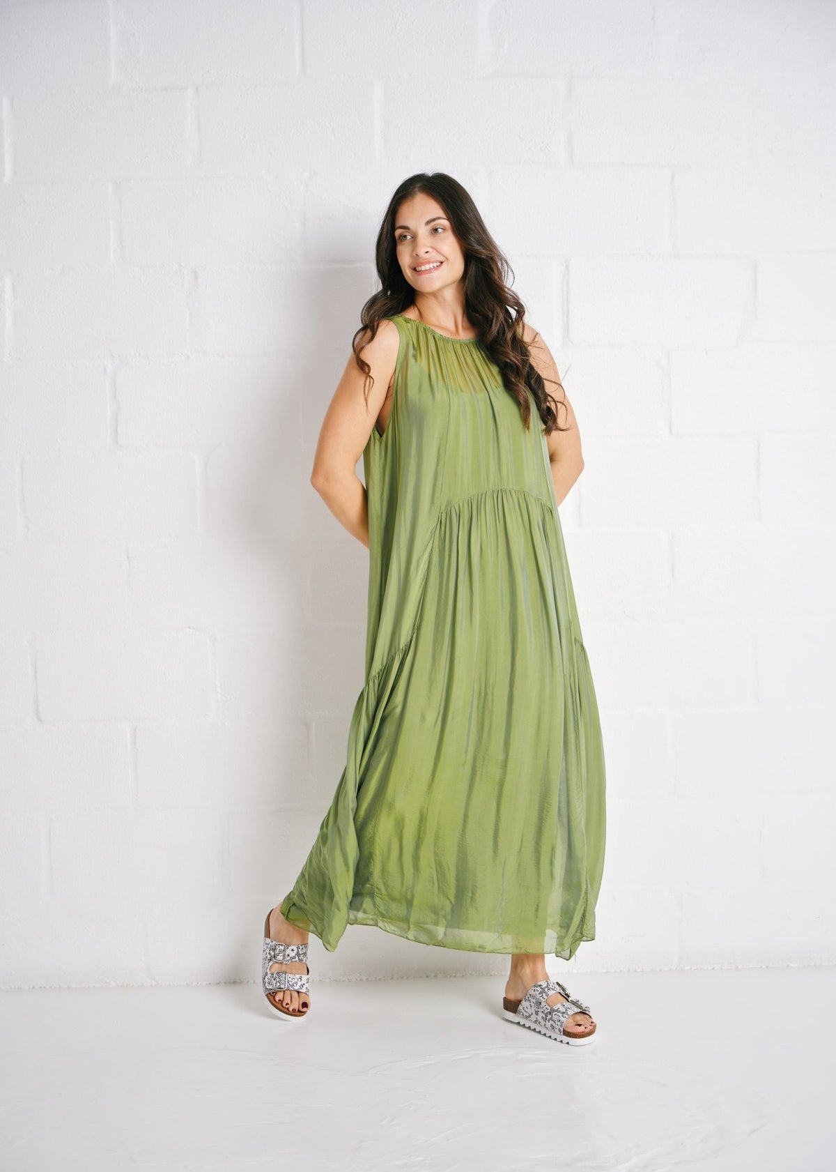 View our The Whisper Silk Tiered Maxi In Green - by Tribute Store