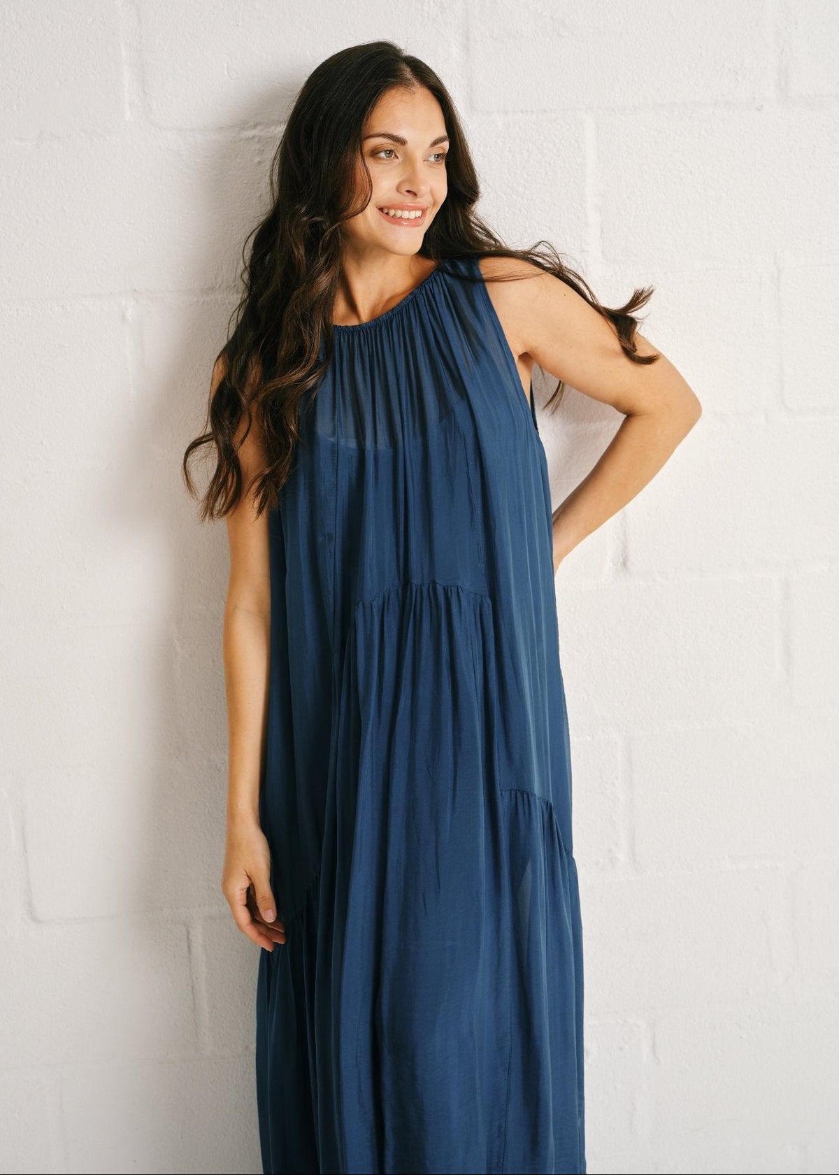 View our The Whisper Silk Tiered Maxi In Teal - by Tribute Store