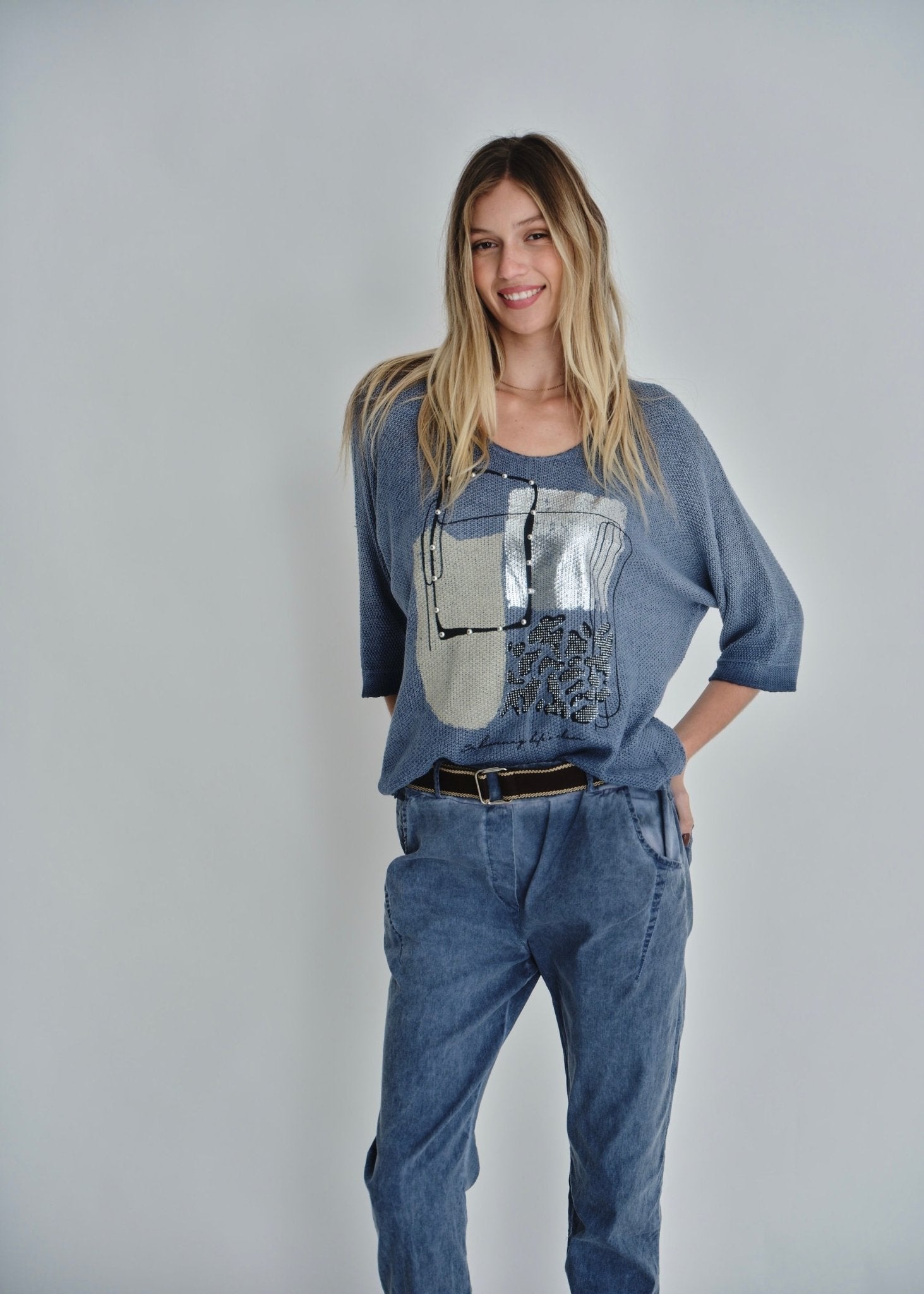 View our V-neck Knit Print In Denim - by Tribute Store