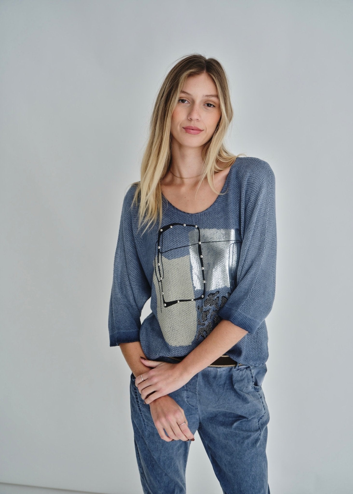 View our V-neck Knit Print In Denim - by Tribute Store