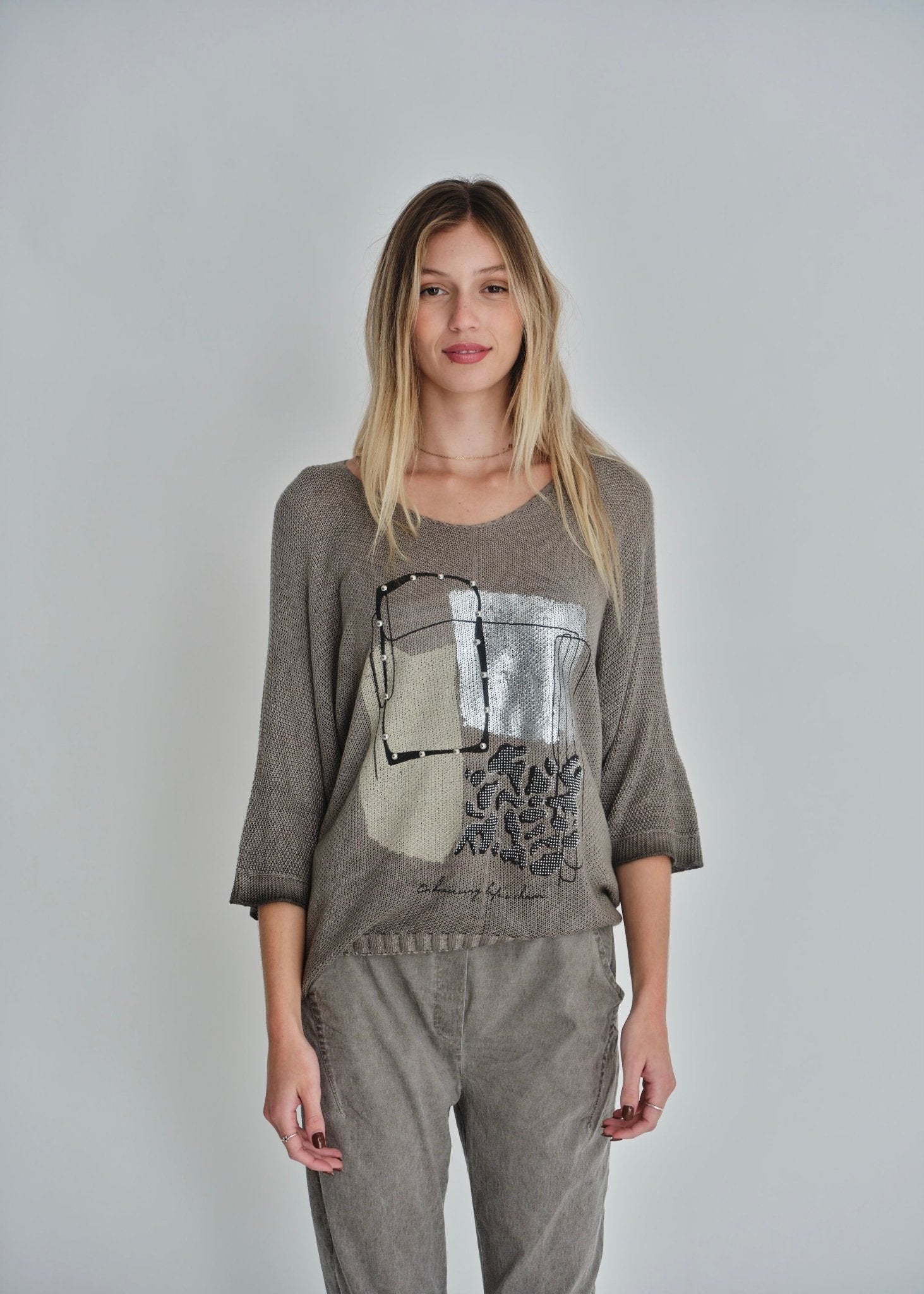 View our V-neck Knit Print In Taupe - by Tribute Store