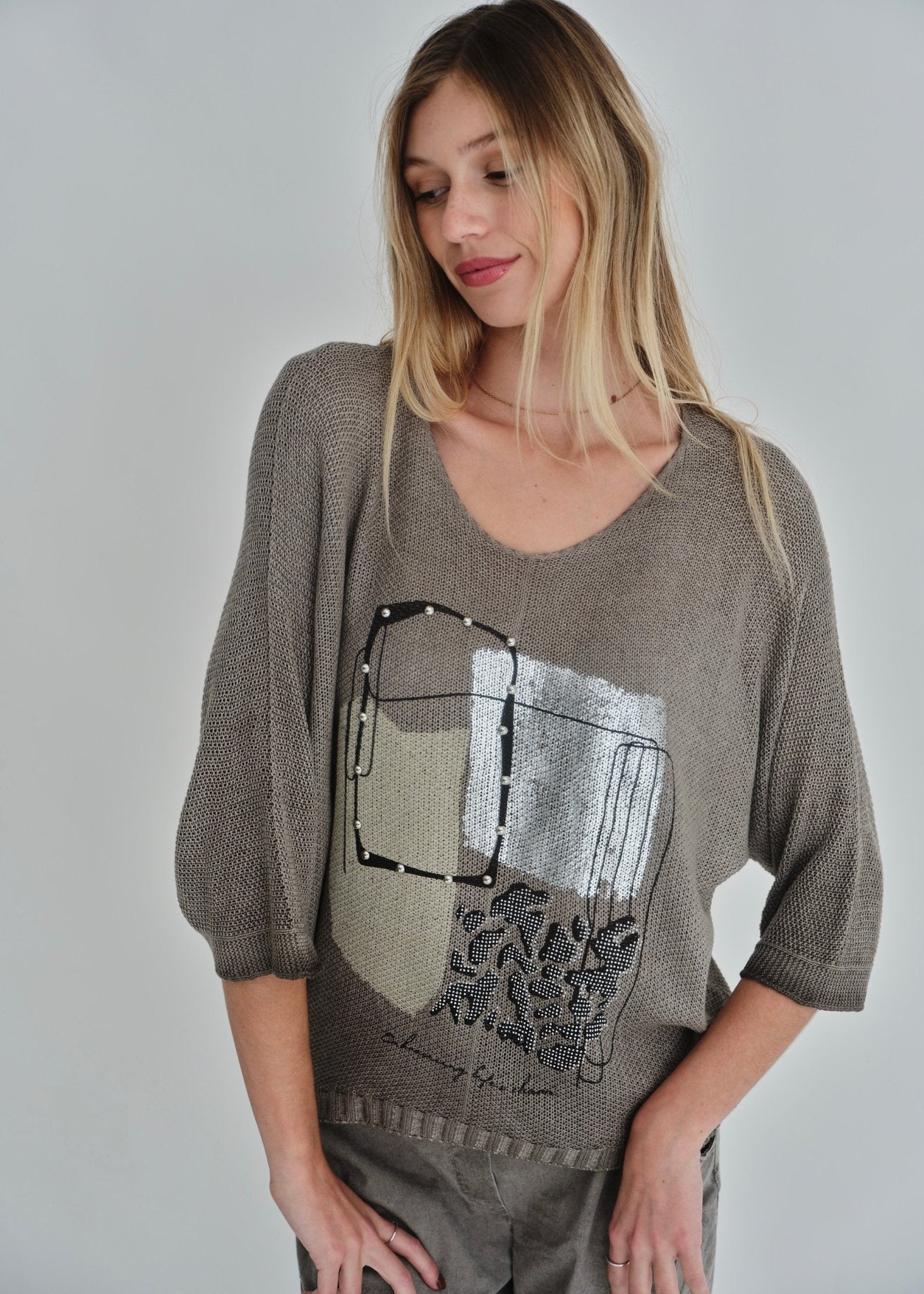 View our V-neck Knit Print In Taupe - by Tribute Store