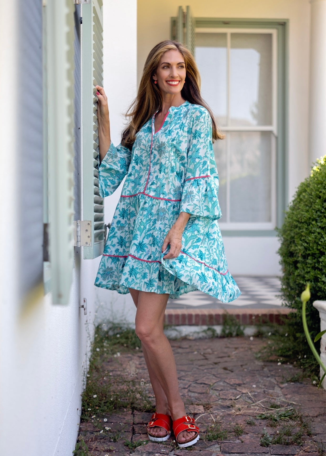 View our Valentina Dress With Leaf Print In Turquoise - by Tribute Store