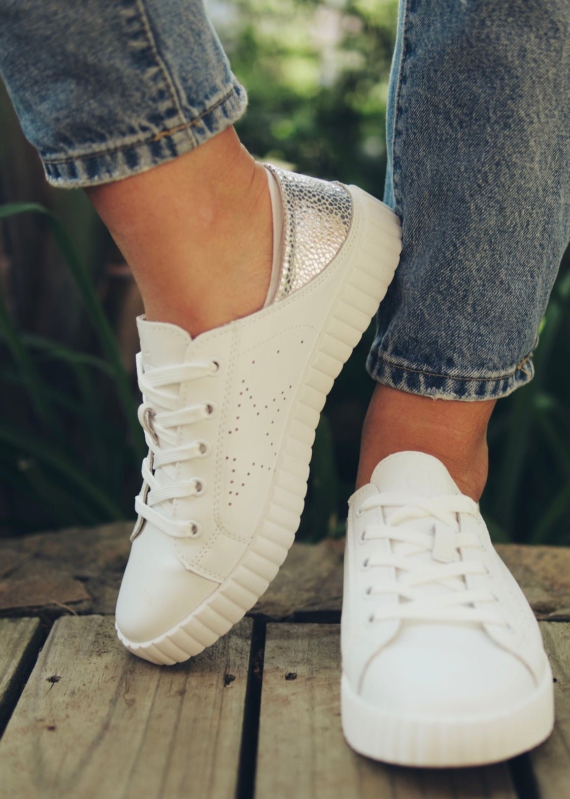 View our Valentina Leather Sneaker With Silver Specs in White - by Tribute Store