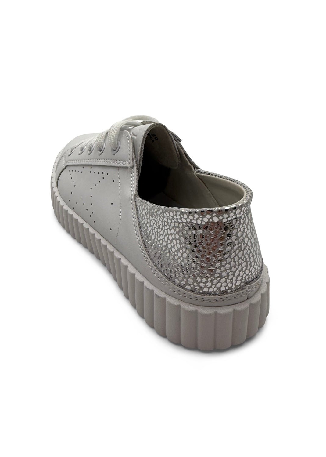 View our Valentina Leather Sneaker With Silver Specs in White - by Tribute Store