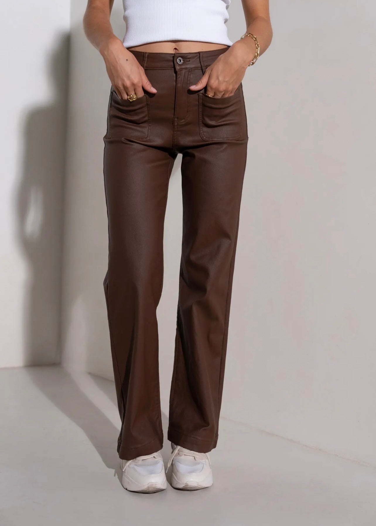 View our Vegan Leather Straight Leg Trousers in Chocolate - by Tribute Store