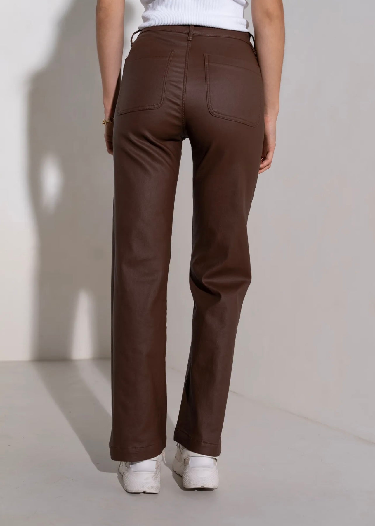 View our Vegan Leather Straight Leg Trousers in Chocolate - by Tribute Store