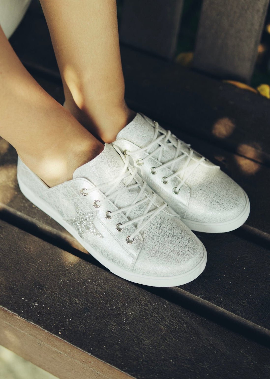 View our Vicki Leather Sneaker In Frosted Silver With Glitter Star - by Tribute Store