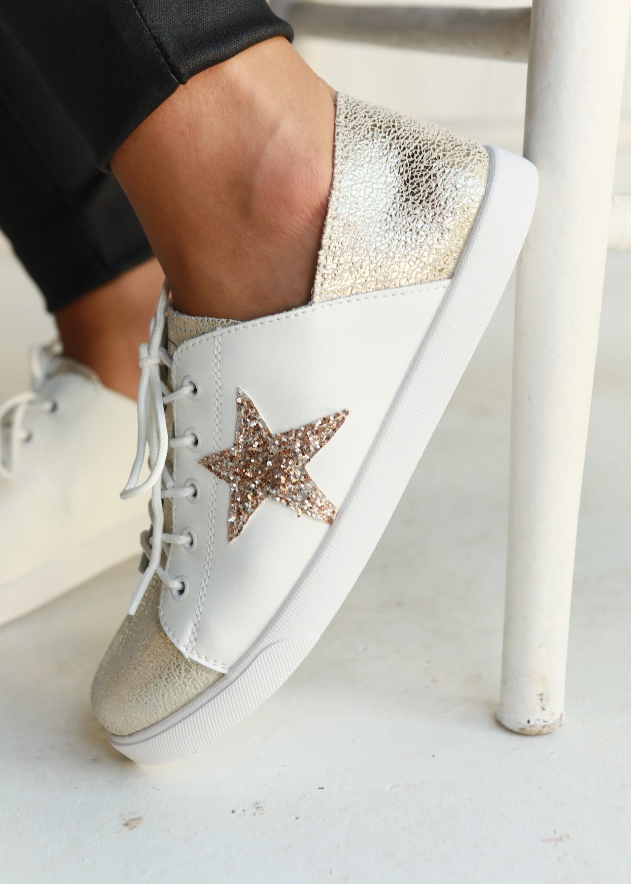 View our Vicki Leather Sneaker in White with Gold Glitter Star - by Tribute Store