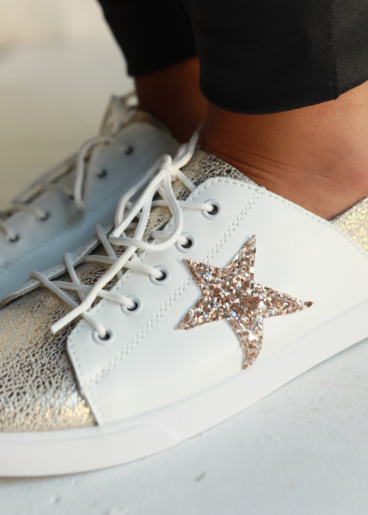 View our Vicki Leather Sneaker in White with Gold Glitter Star - by Tribute Store