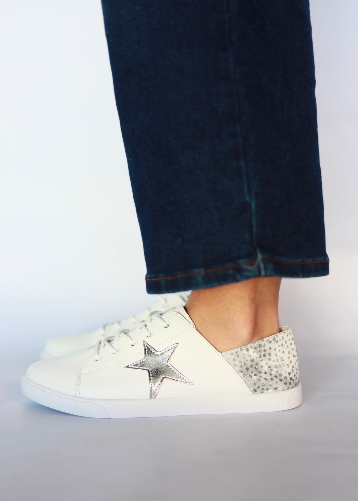 View our Vicki Leather Sneaker in White With Grey Spots - by Tribute Store