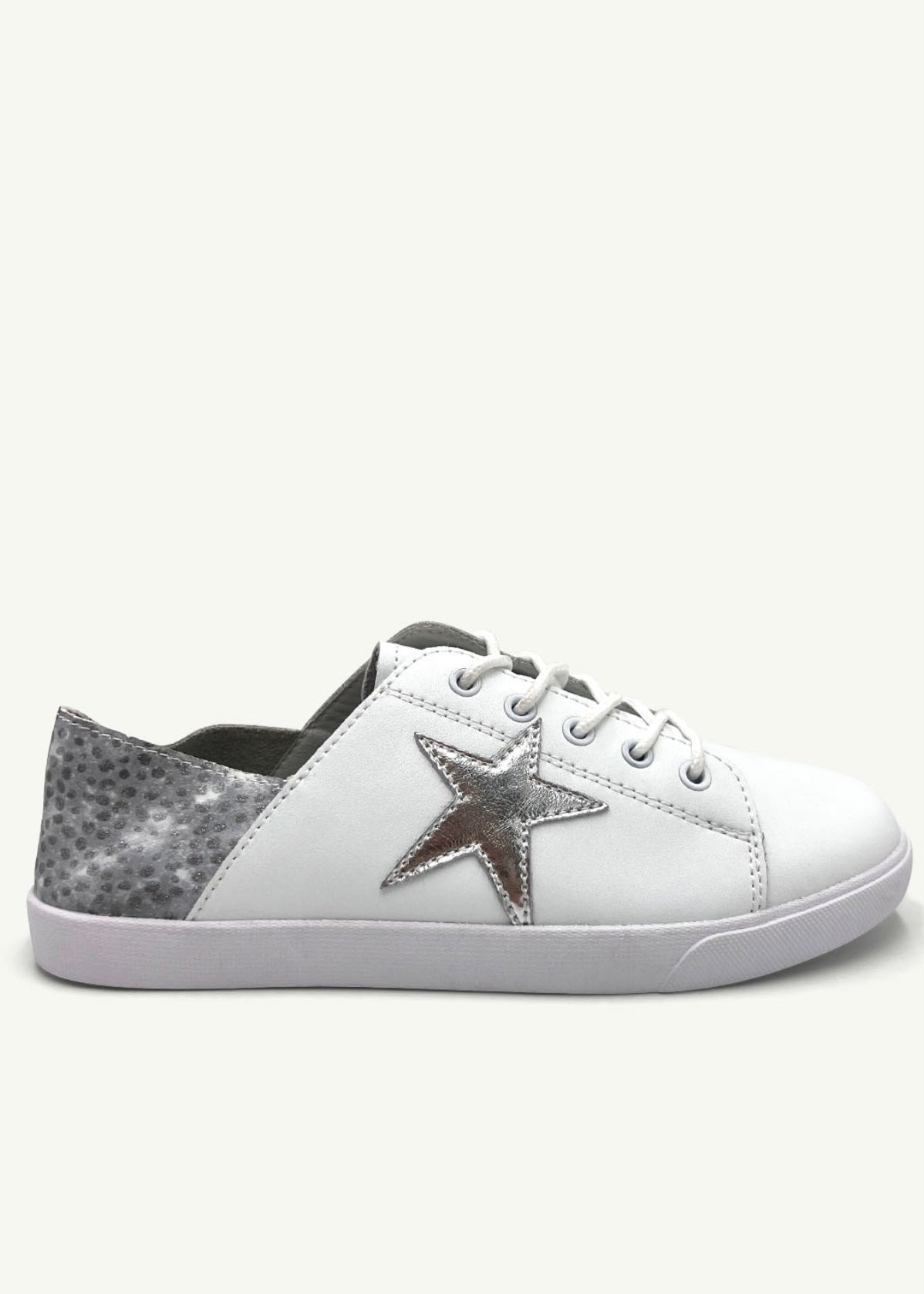 View our Vicki Leather Sneaker in White With Grey Spots - by Tribute Store