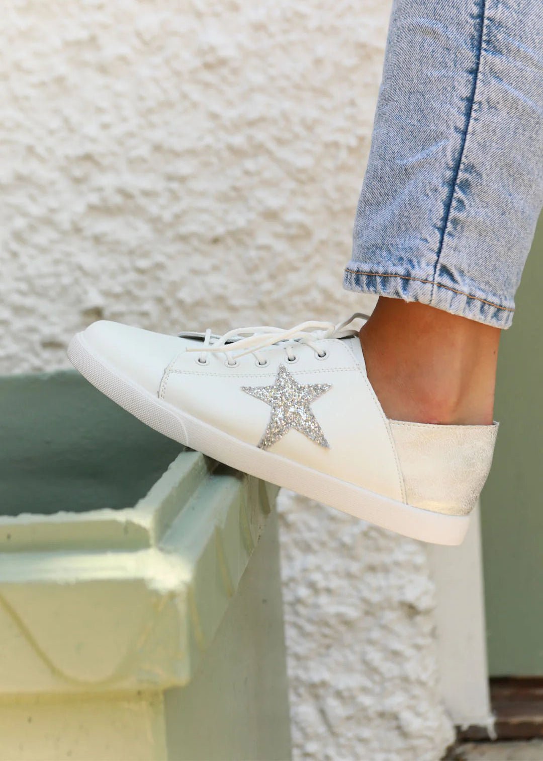 View our Vicki Leather Sneaker in White with Silver Glitter Star - by Tribute Store