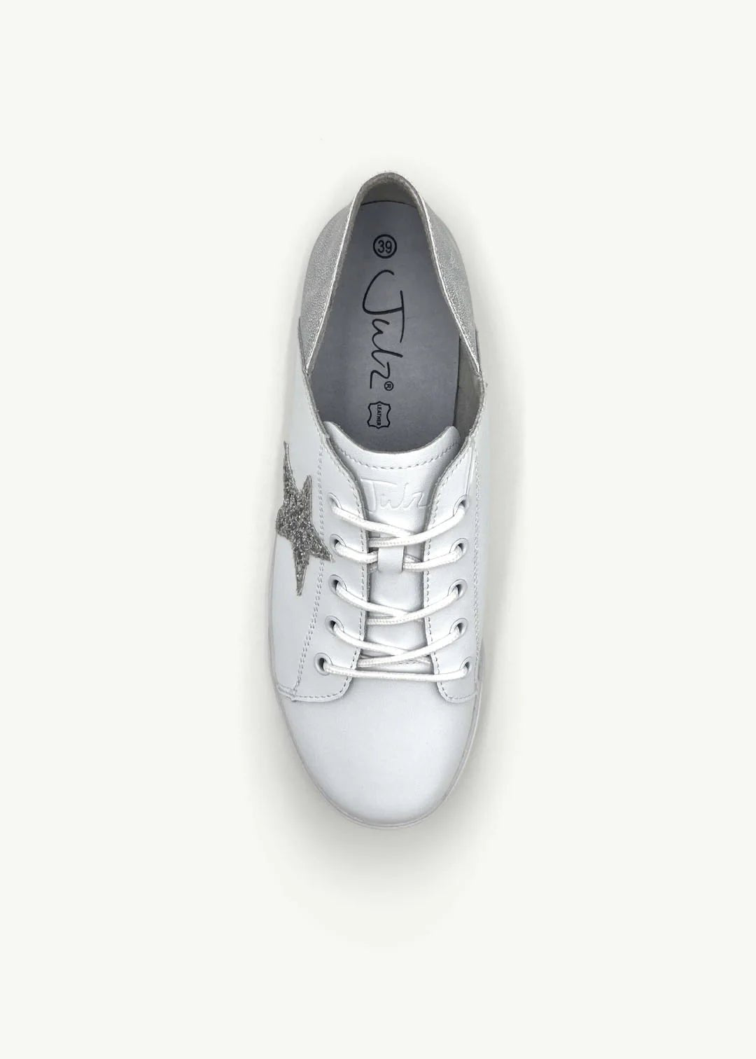 View our Vicki Leather Sneaker in White with Silver Glitter Star - by Tribute Store