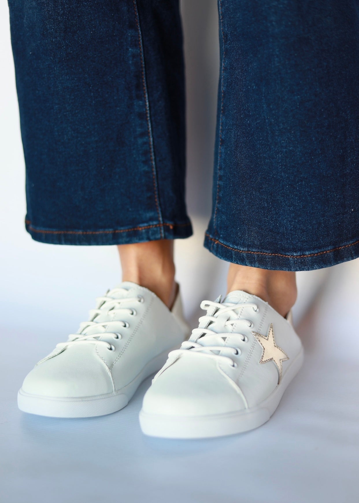 View our Vicki Leather Sneaker With Gold Star in White - by Tribute Store