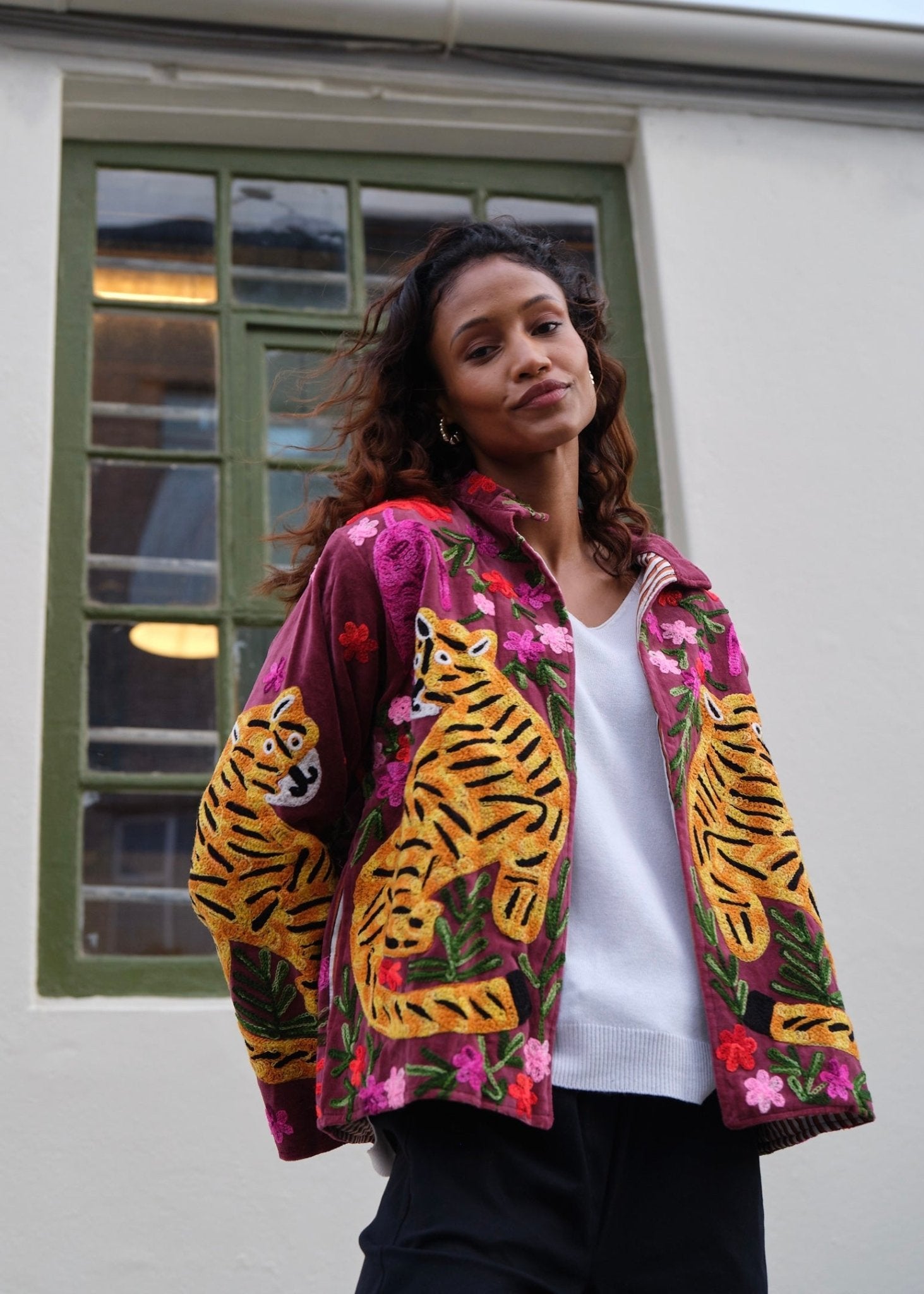View our Wild Bloom Tiger Embroidered Velvet Jacket In Berry - by Tribute Store
