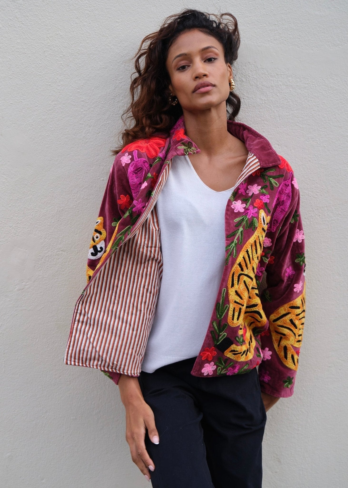 View our Wild Bloom Tiger Embroidered Velvet Jacket In Berry - by Tribute Store