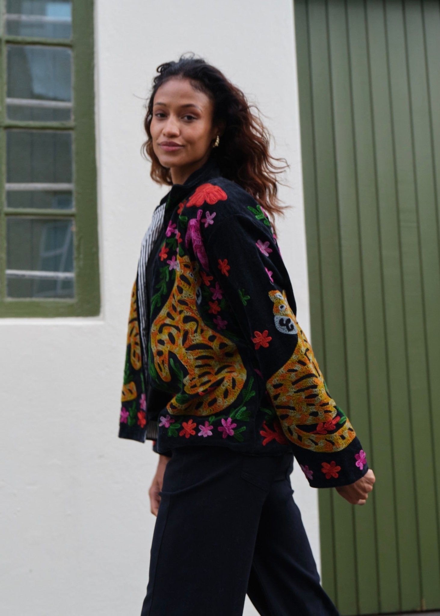 View our Wild Bloom Tiger Embroidered Velvet Jacket In Black - by Tribute Store