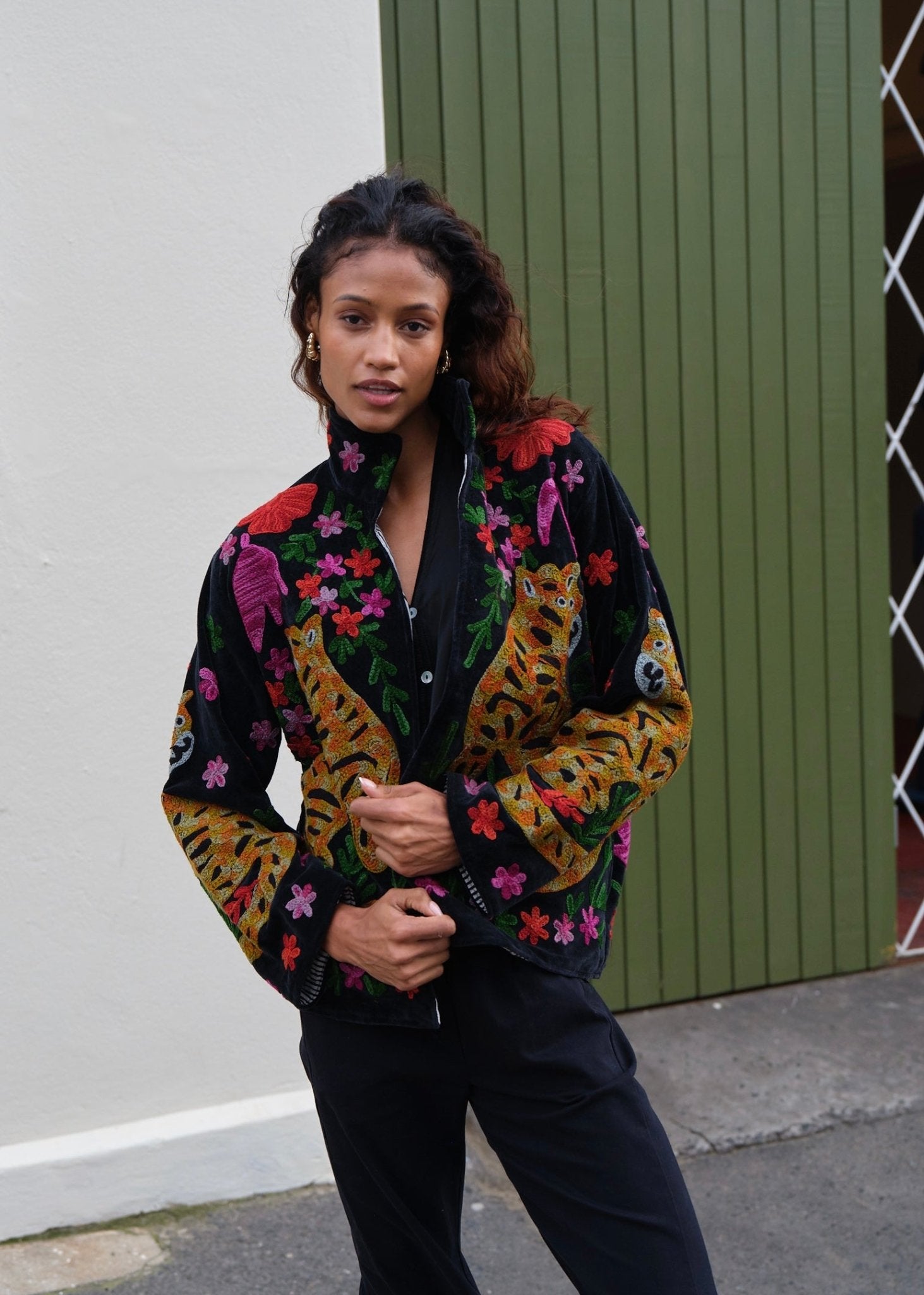 View our Wild Bloom Tiger Embroidered Velvet Jacket In Black - by Tribute Store