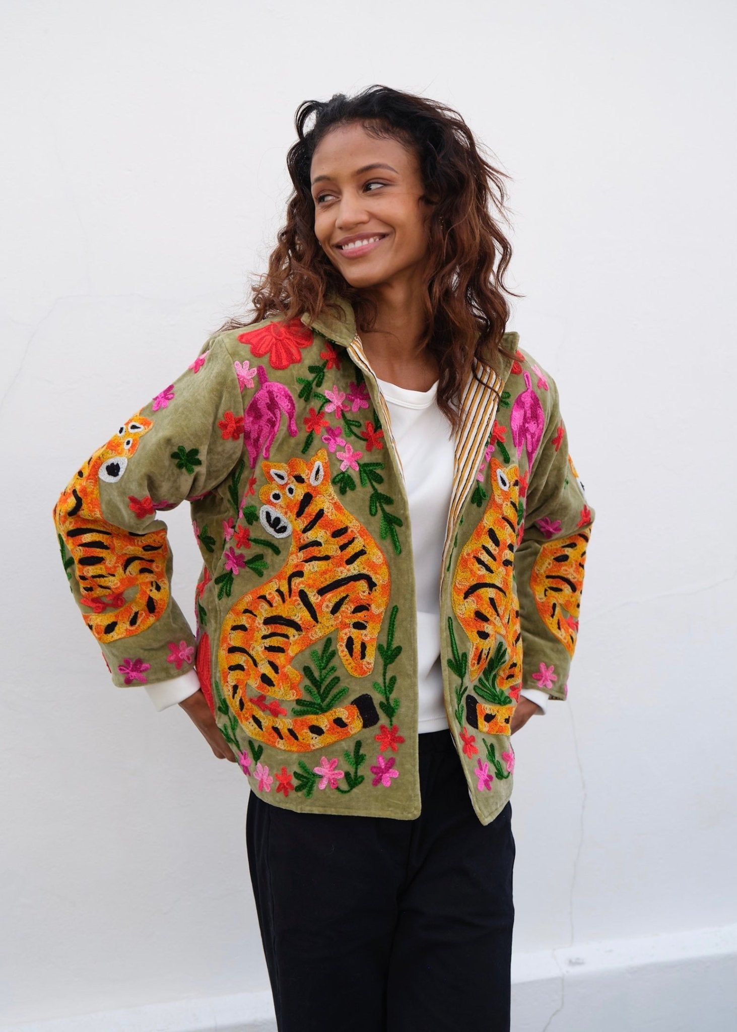 View our Wild Bloom Tiger Embroidered Velvet Jacket In Olive - by Tribute Store