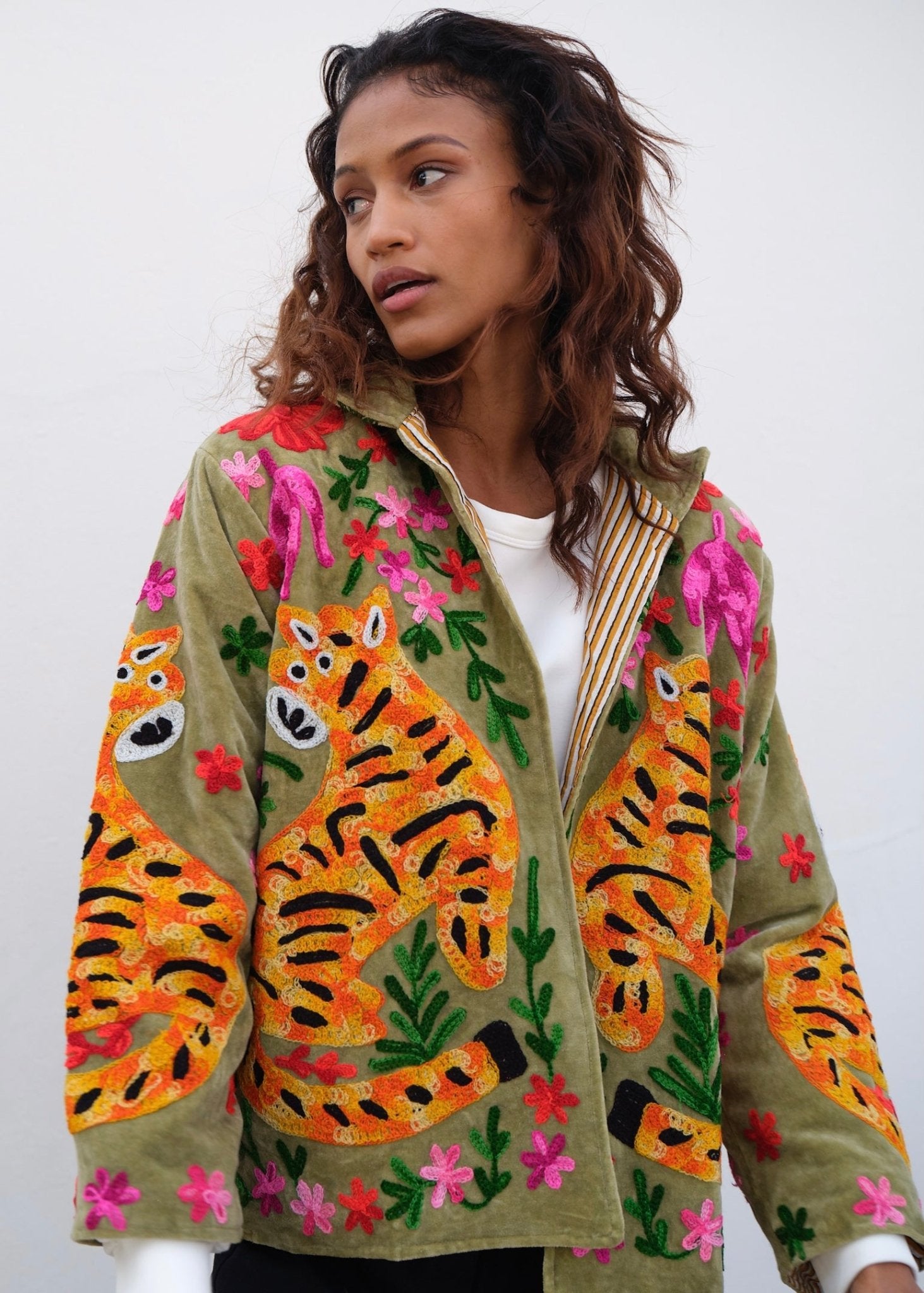 View our Wild Bloom Tiger Embroidered Velvet Jacket In Olive - by Tribute Store