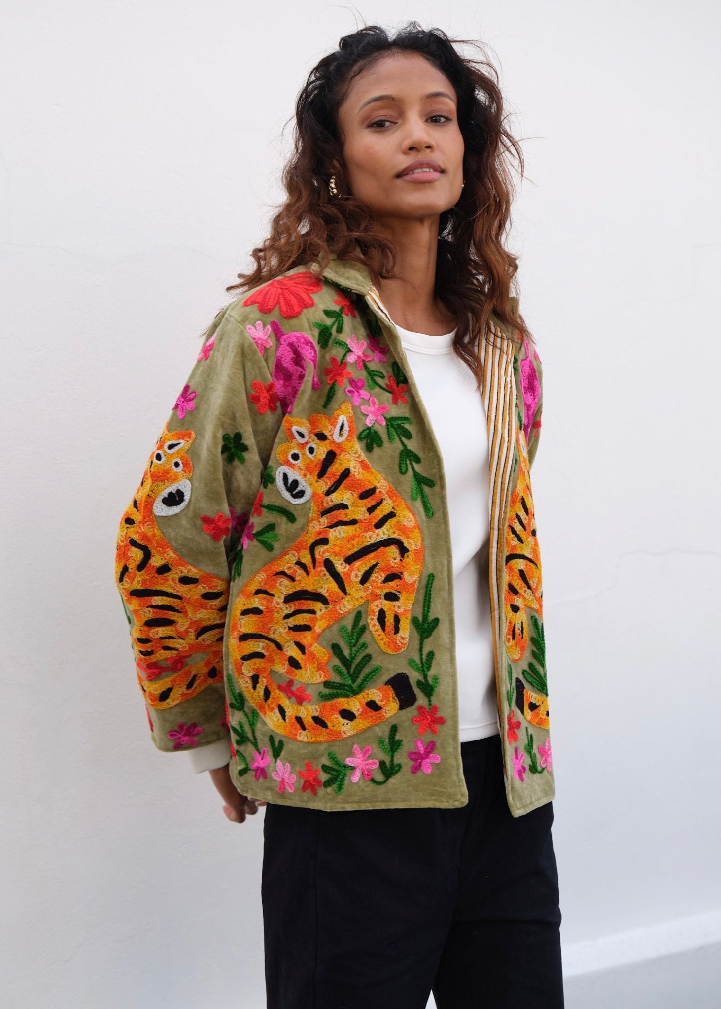 View our Wild Bloom Tiger Embroidered Velvet Jacket In Olive - by Tribute Store