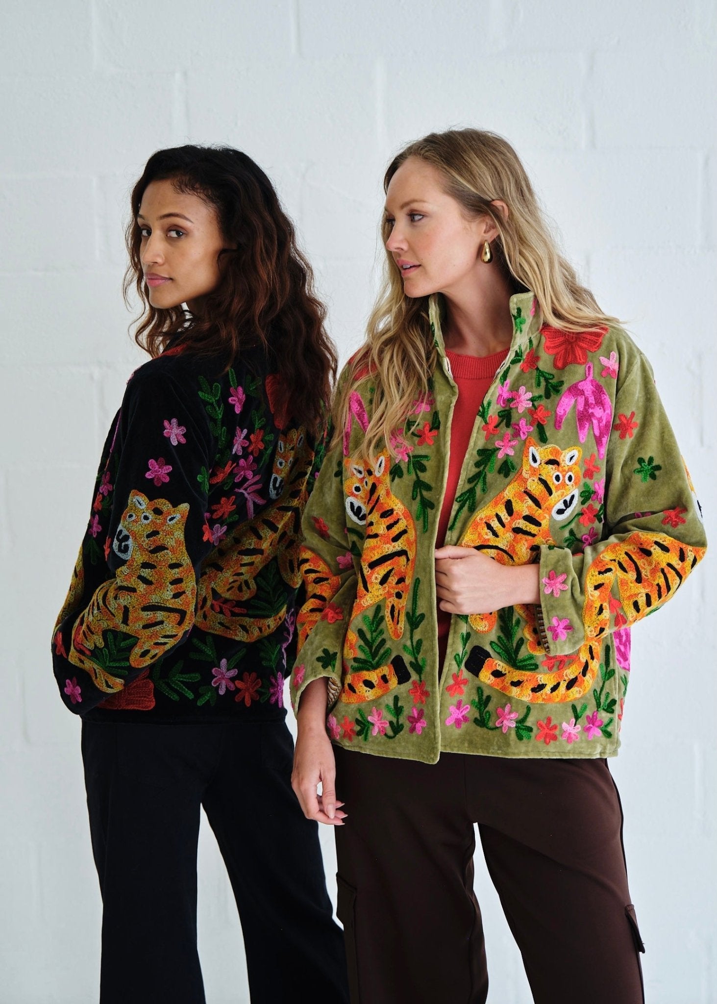 View our Wild Bloom Tiger Embroidered Velvet Jacket In Olive - by Tribute Store