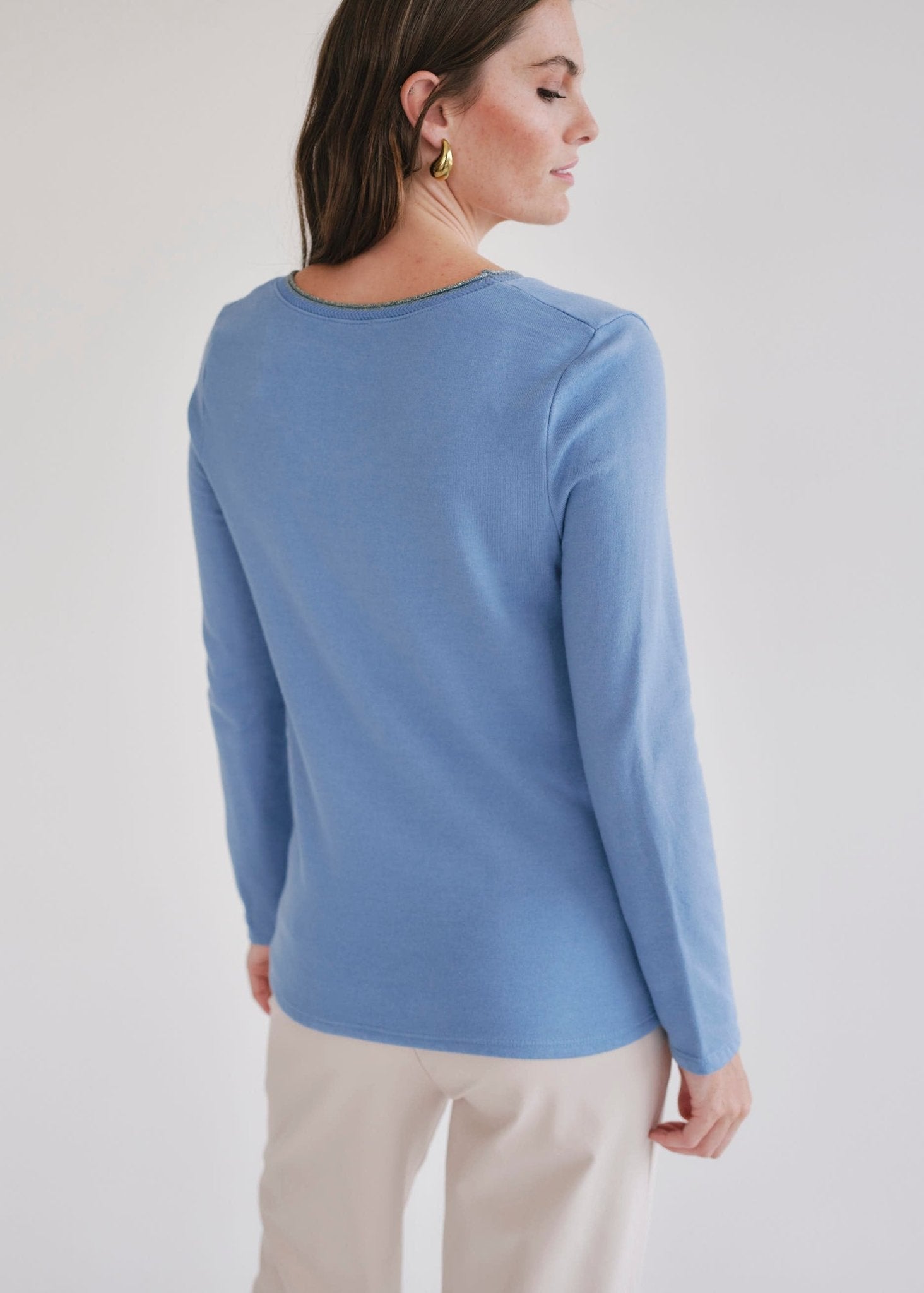 View our Winter V Neck with Gold Trim in Blue - by Tribute Store