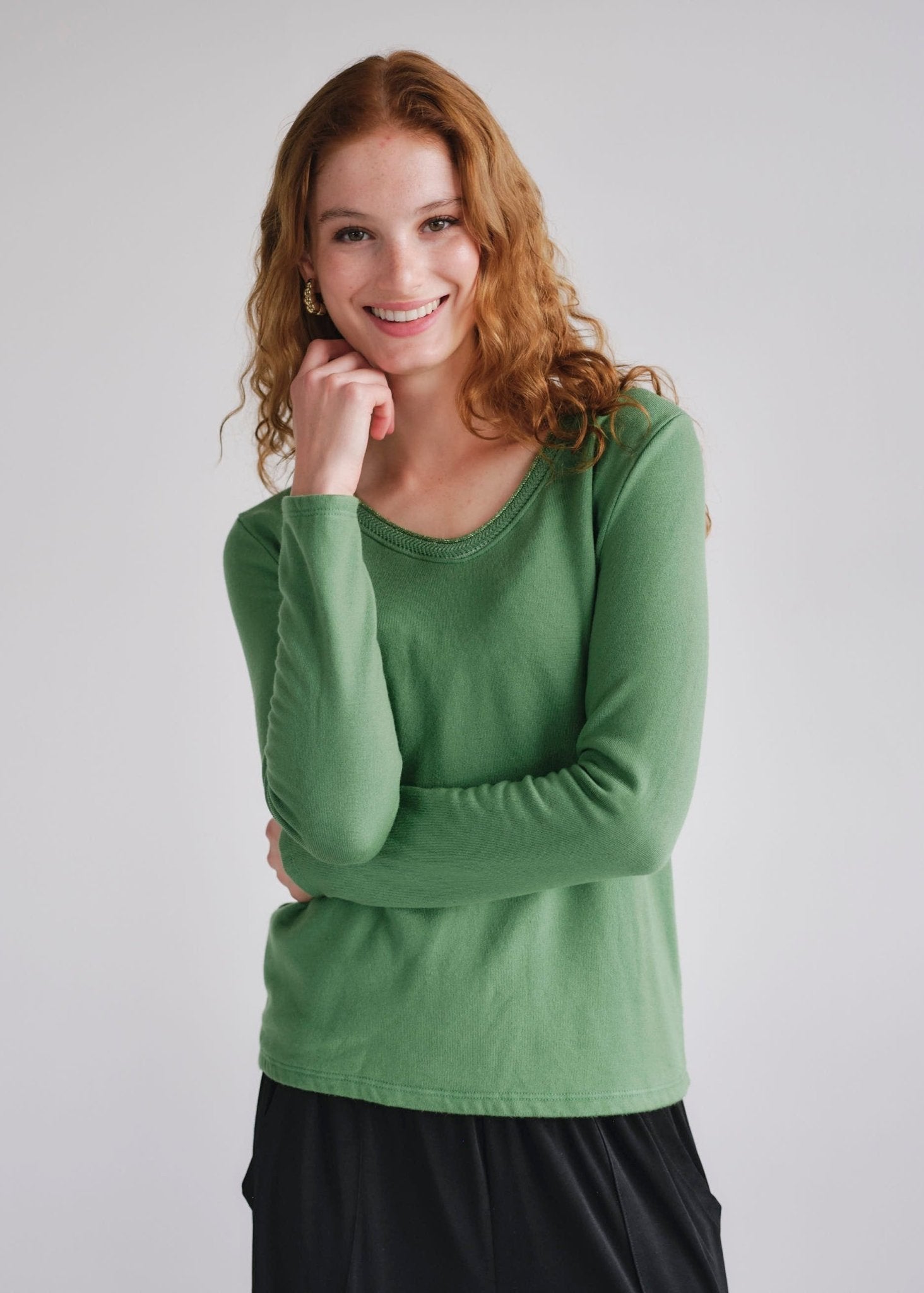 View our Winter V Neck with Gold Trim in Green - by Tribute Store