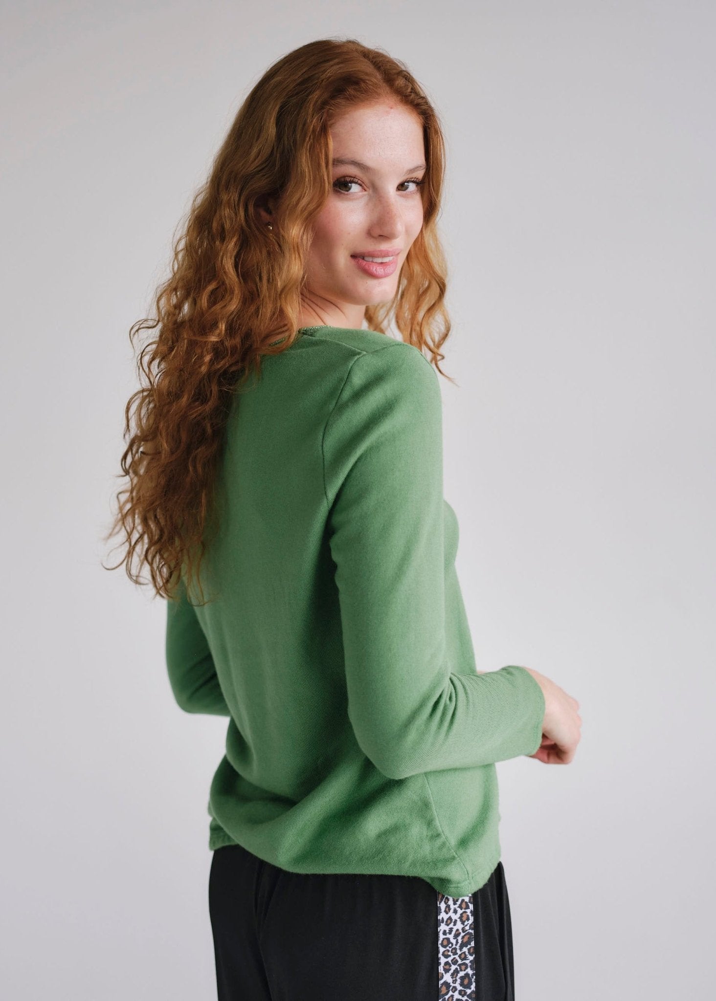 View our Winter V Neck with Gold Trim in Green - by Tribute Store
