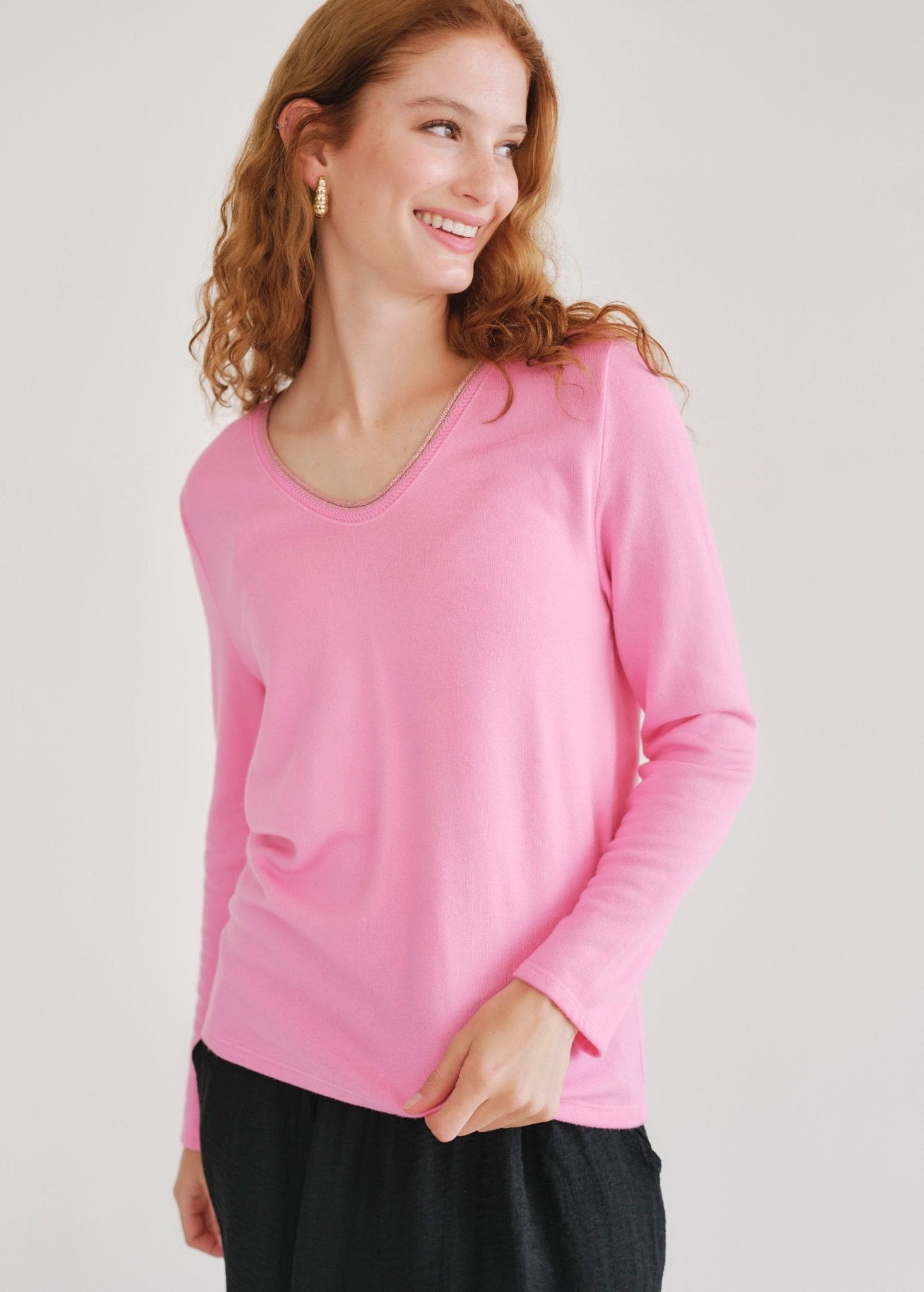 View our Winter V Neck with Gold Trim in Pink - by Tribute Store