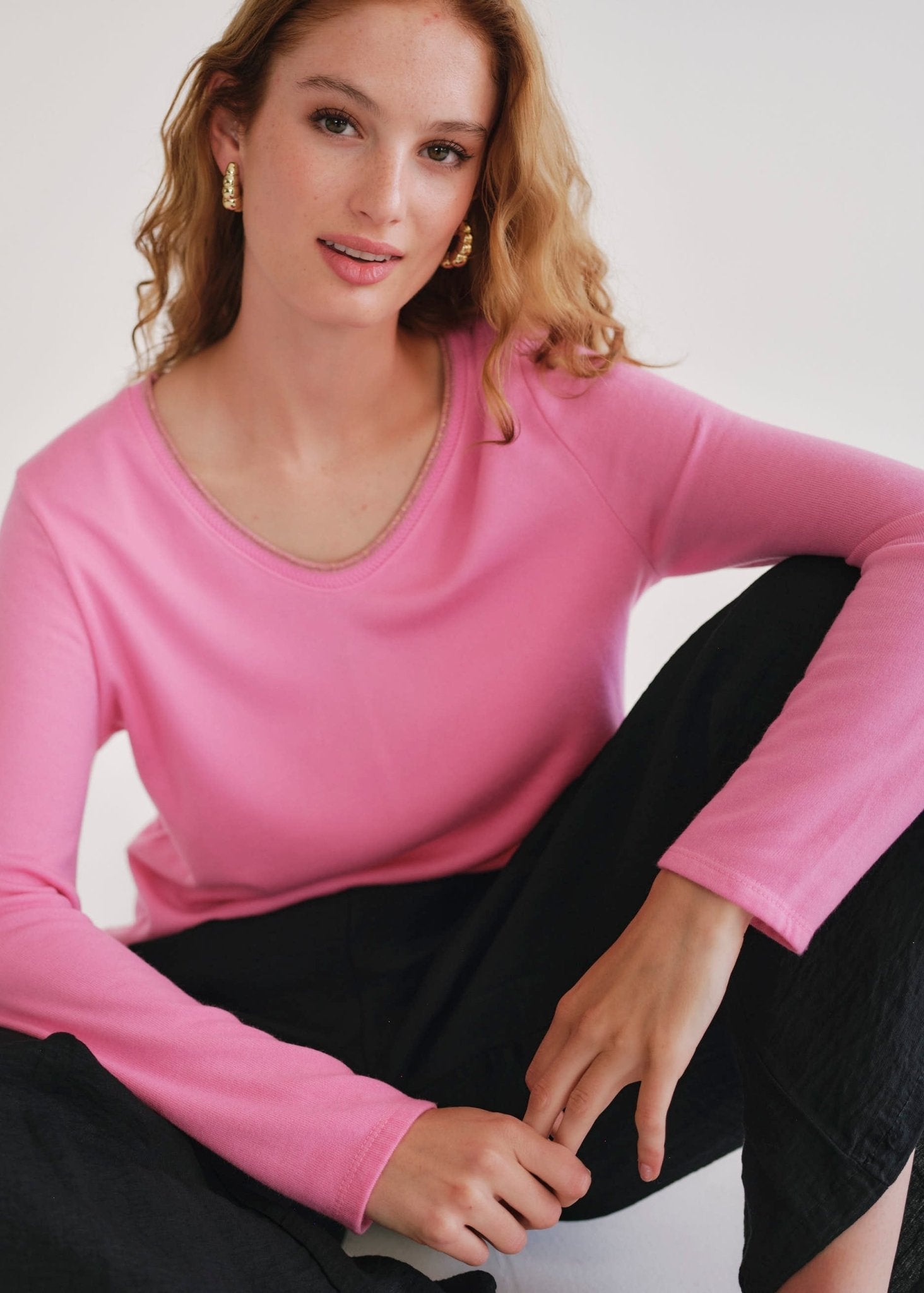 View our Winter V Neck with Gold Trim in Pink - by Tribute Store