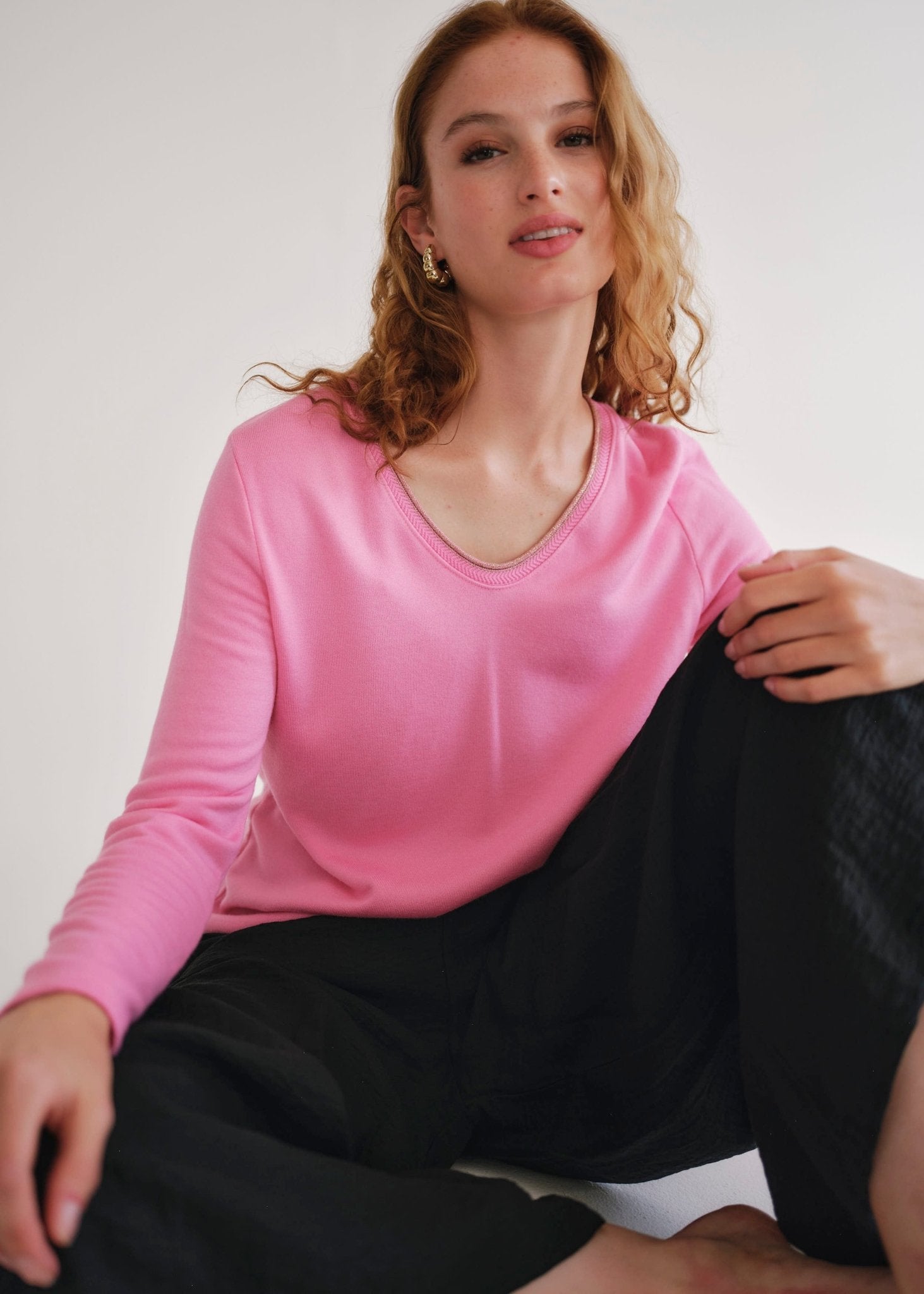 View our Winter V Neck with Gold Trim in Pink - by Tribute Store