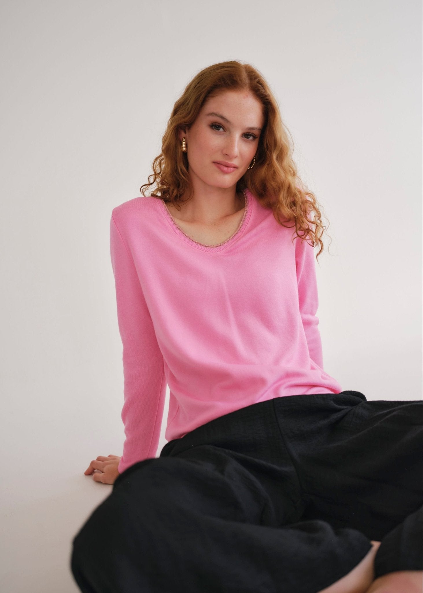 View our Winter V Neck with Gold Trim in Pink - by Tribute Store