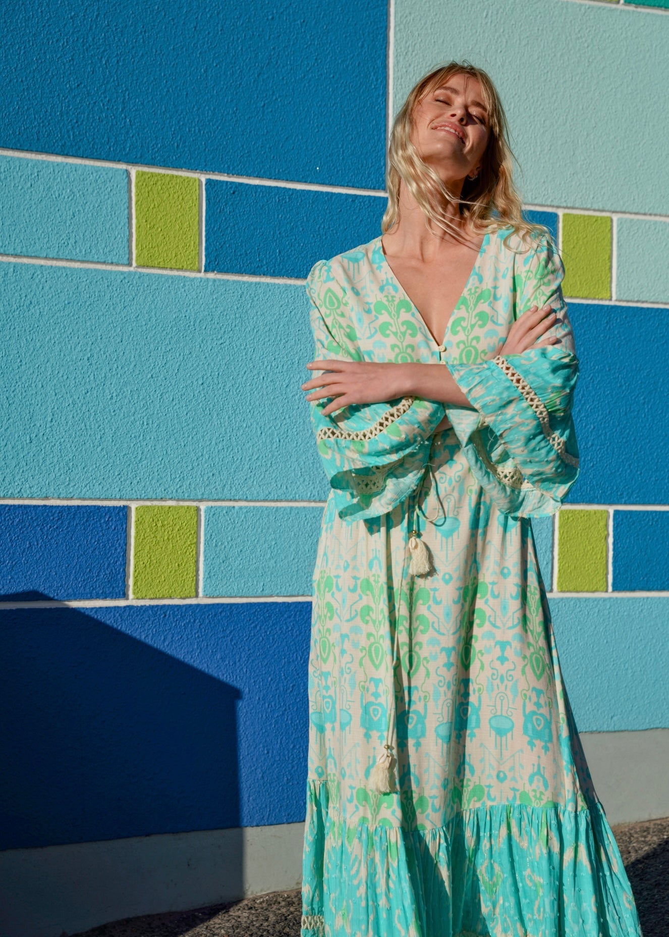 View our Zana Bohemian Maxi Dress with Drawstring At Waist in Turquoise - by Tribute Store