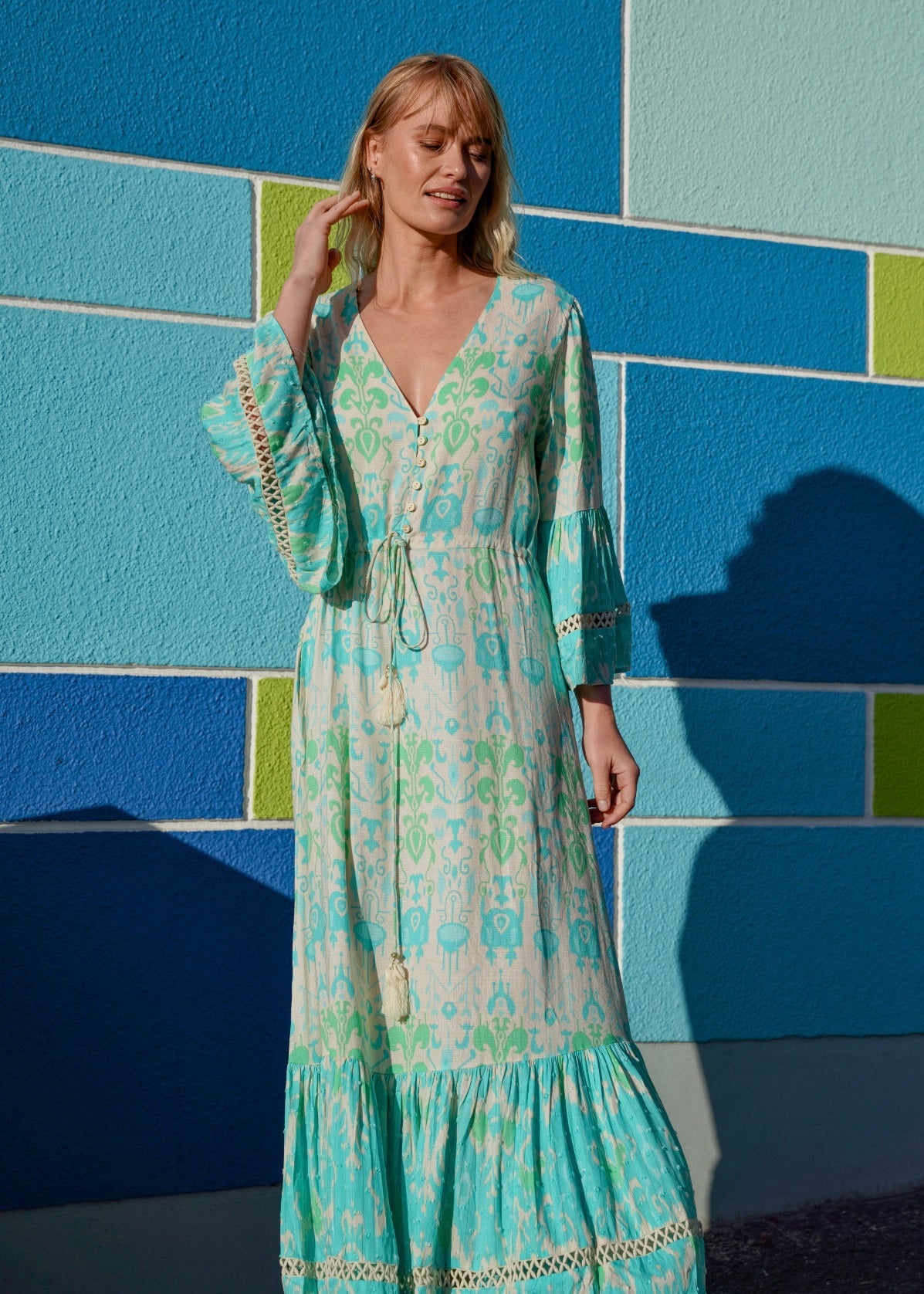 View our Zana Bohemian Maxi Dress with Drawstring At Waist in Turquoise - by Tribute Store