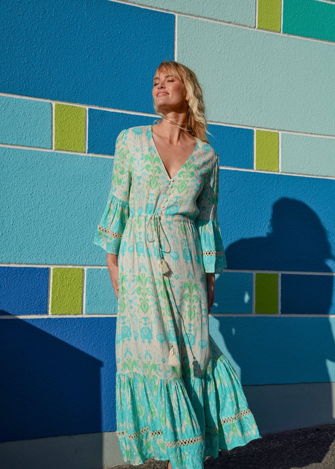 View our Zana Bohemian Maxi Dress with Drawstring At Waist in Turquoise - by Tribute Store