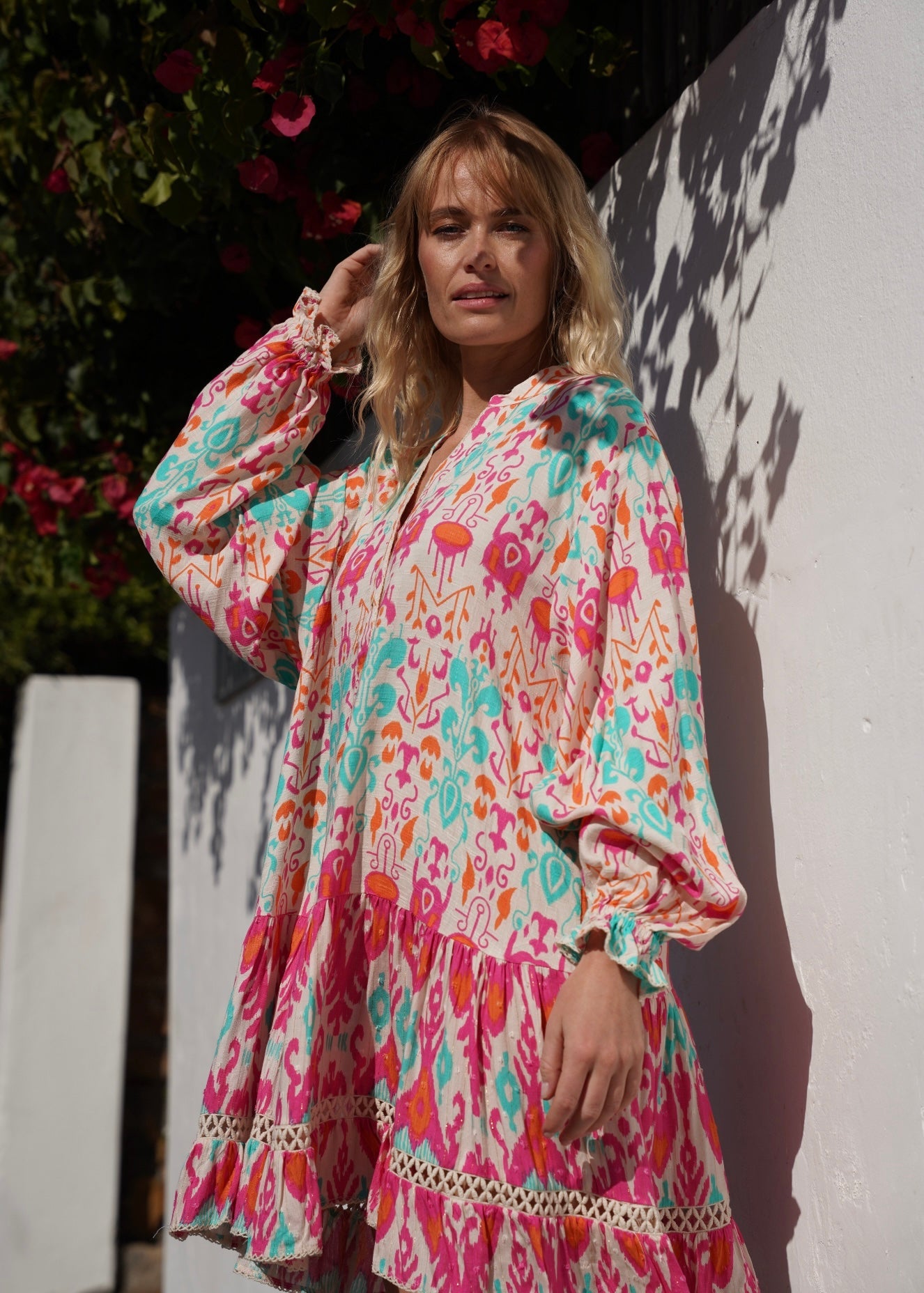 View our Zana Bright Pink And Turquoise Mini Dress With Mandarin Collar - by Tribute Store