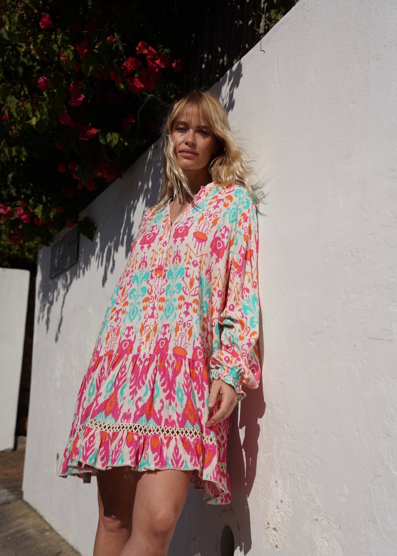 View our Zana Bright Pink And Turquoise Mini Dress With Mandarin Collar - by Tribute Store