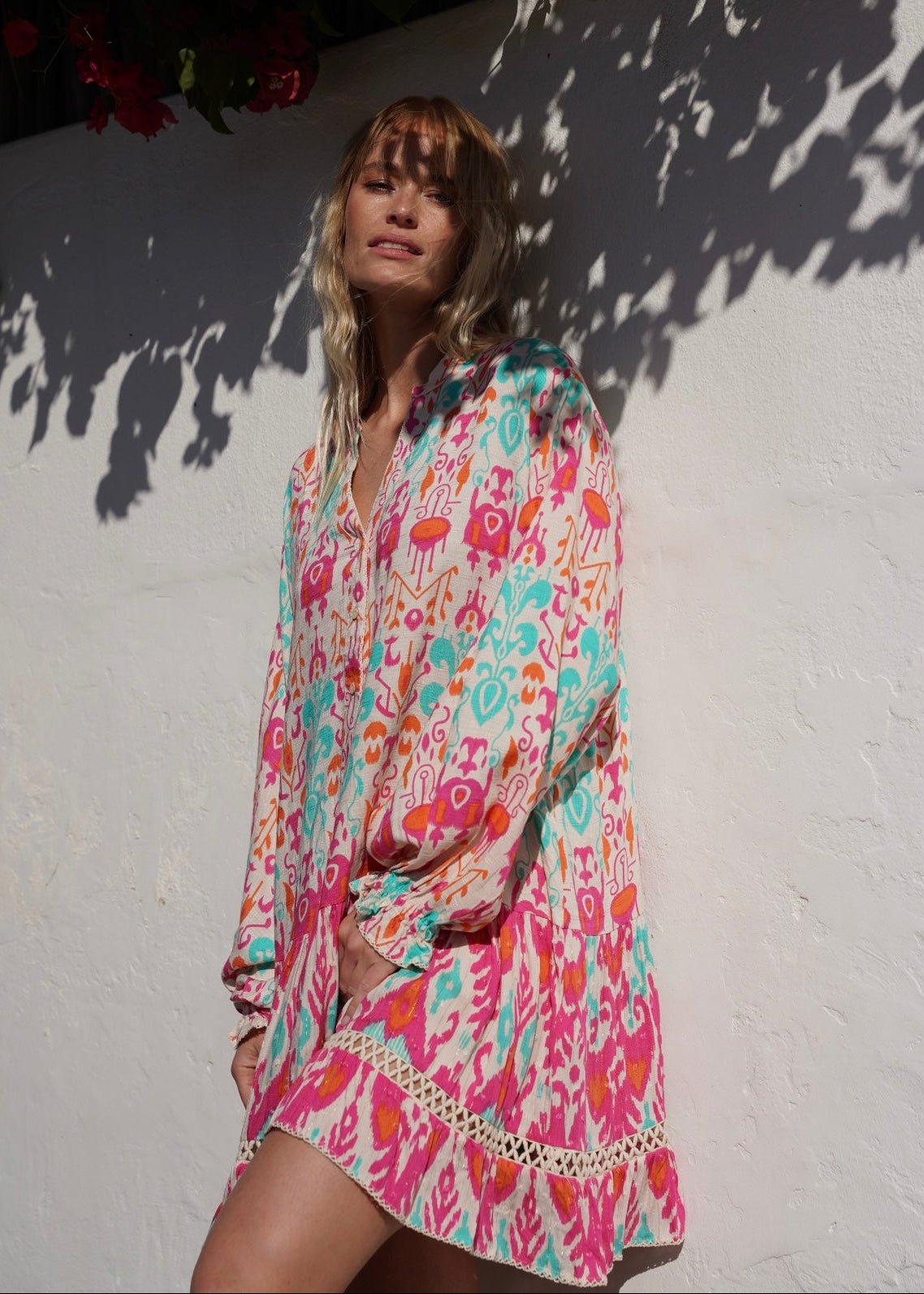 View our Zana Bright Pink And Turquoise Mini Dress With Mandarin Collar - by Tribute Store