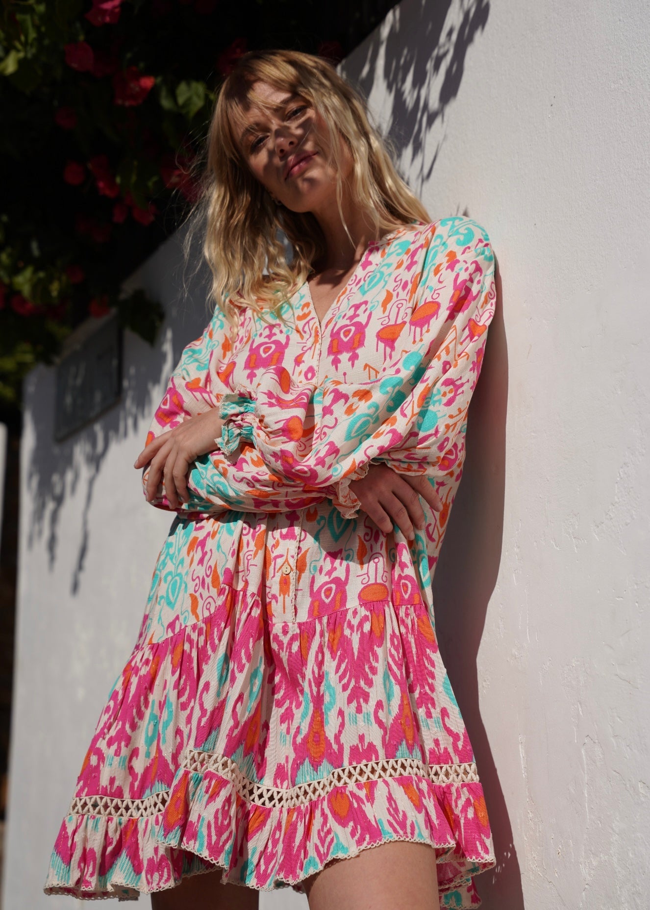 View our Zana Bright Pink And Turquoise Mini Dress With Mandarin Collar - by Tribute Store