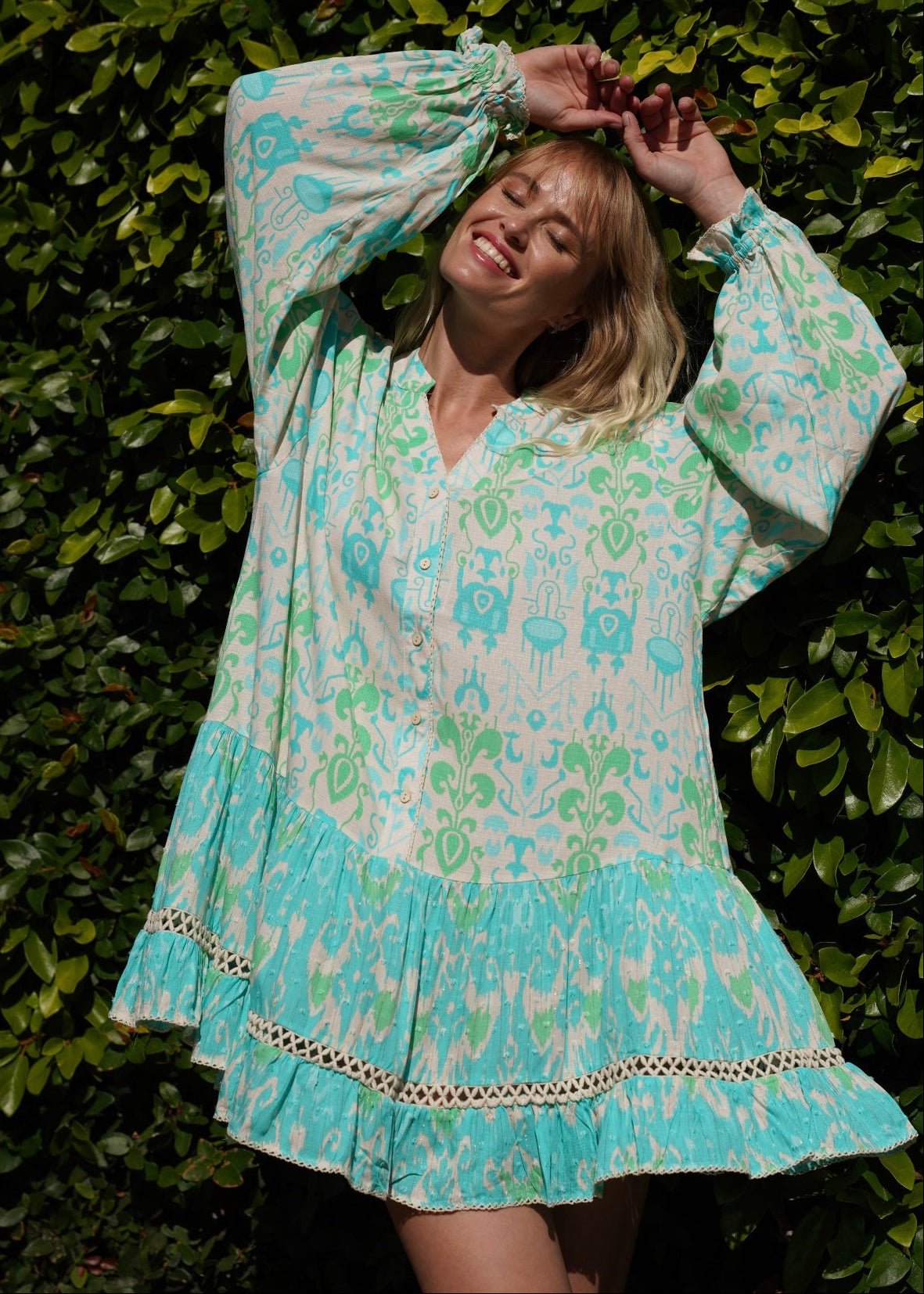 View our Zana Mini Dress With Mandarin Collar in Turquoise - by Tribute Store