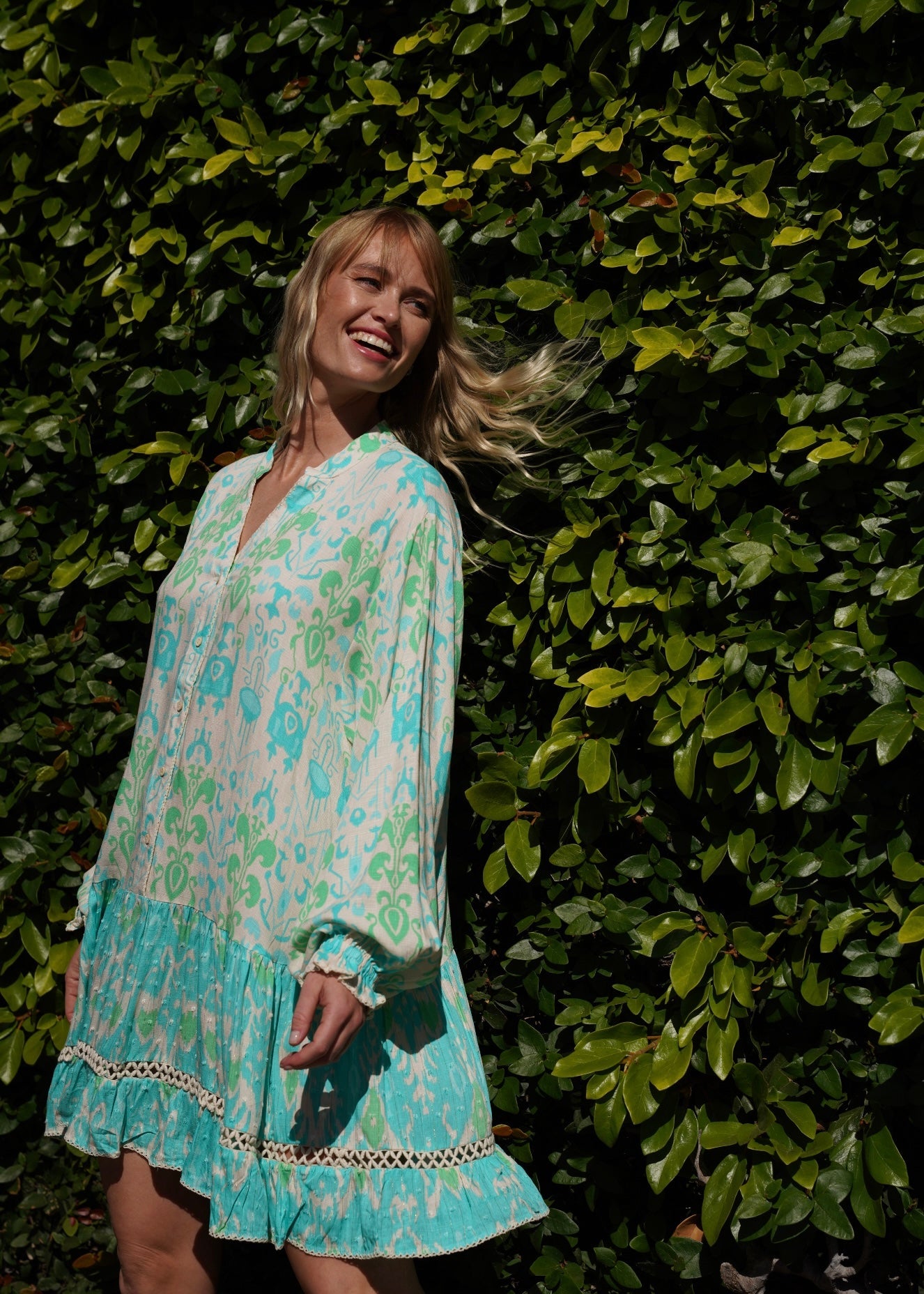 View our Zana Mini Dress With Mandarin Collar in Turquoise - by Tribute Store