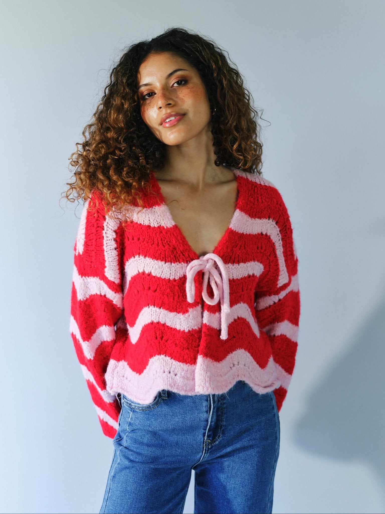View our Zippora Cherry and Pink Wave Cardigan - by Tribute Store