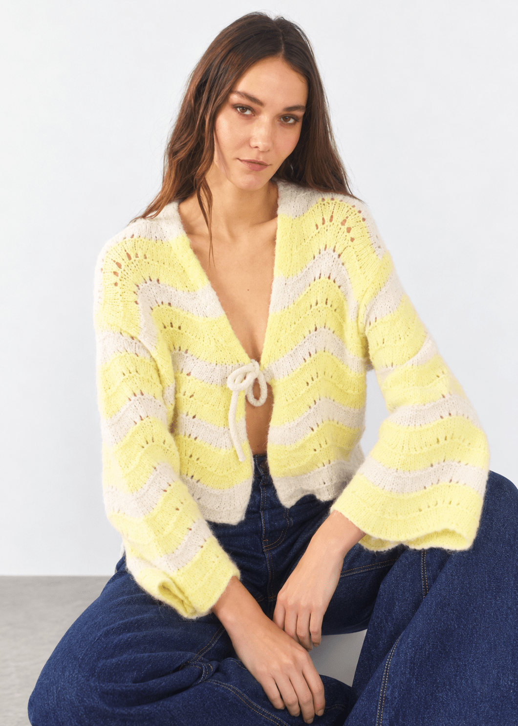 View our Zippora Lemon and Beige Wave Cardigan - by Tribute Store
