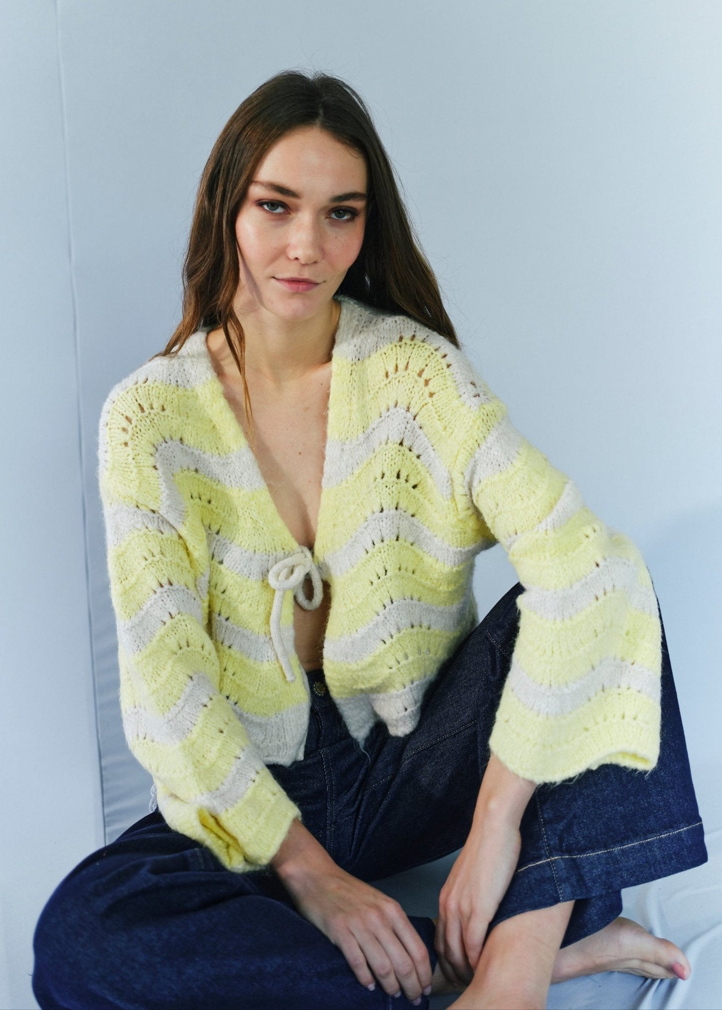View our Zippora Lemon and Beige Wave Cardigan - by Tribute Store