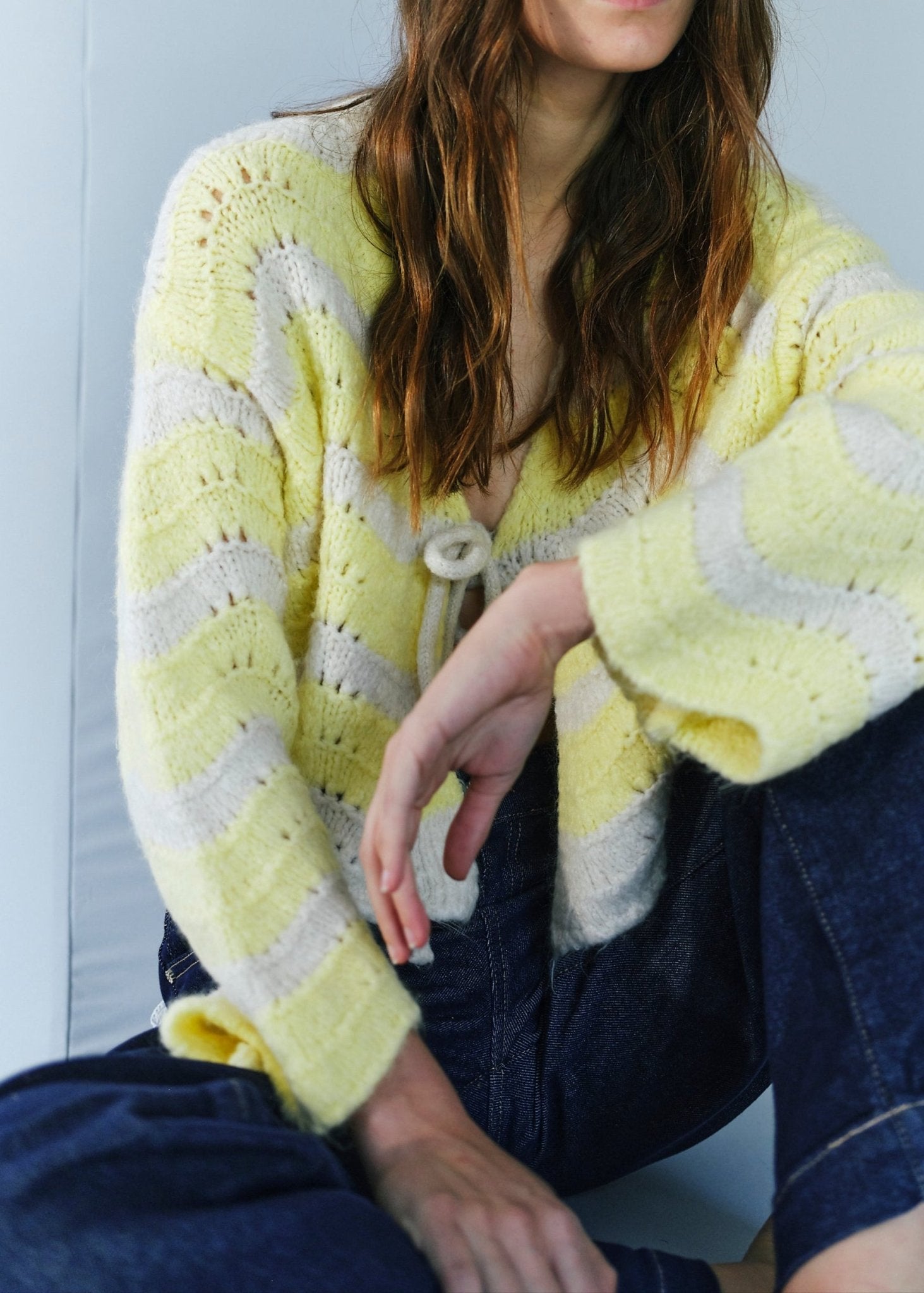 View our Zippora Lemon and Beige Wave Cardigan - by Tribute Store