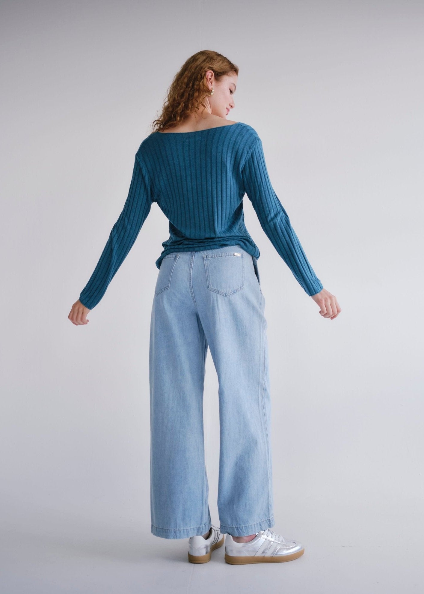View our Zoe Palazzo Jeans with front Pleats in Blue - by Tribute Store